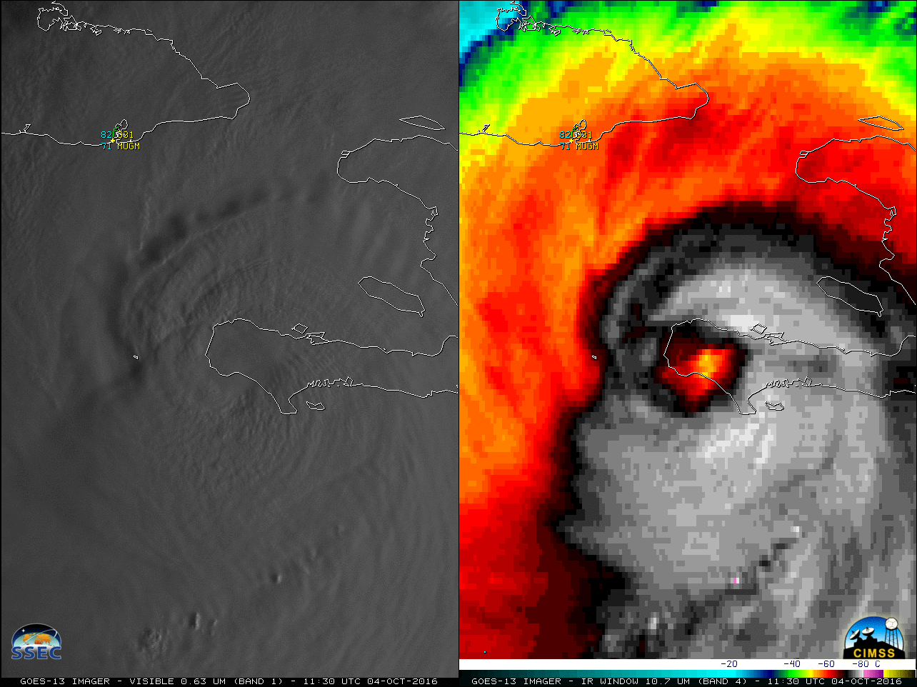 GOES-13 0.63 µm Visible (left) and 10.7 µm Infrared Window (right) images [Click to play animation]