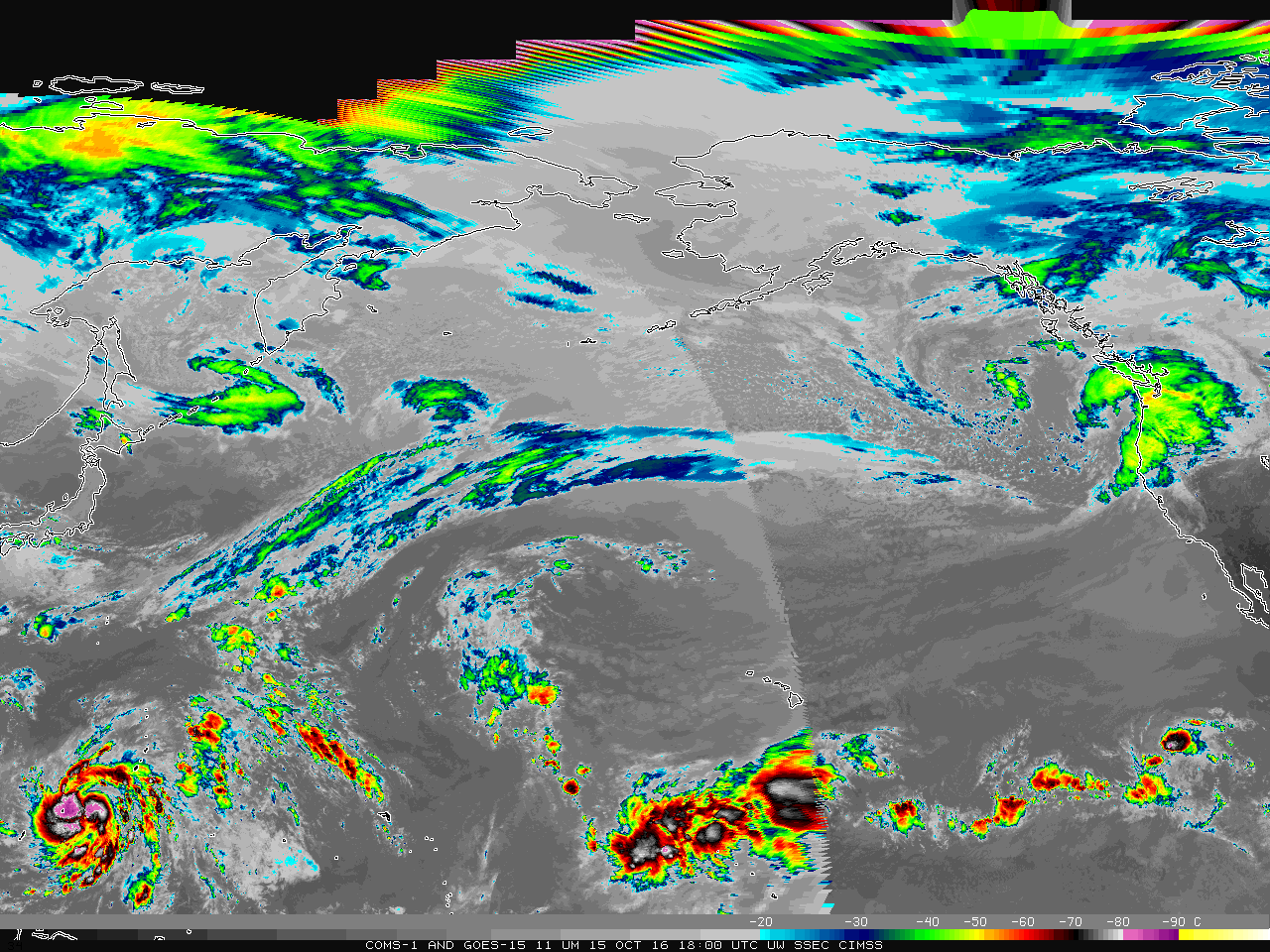 Window Channel Infrared imagery from COMS-1 (10.8 µm) and GOES-15 (10.7 µm), every 6 hours from 1200 UTC on 7 October through 1800 UTC on 15 October [click to animate]