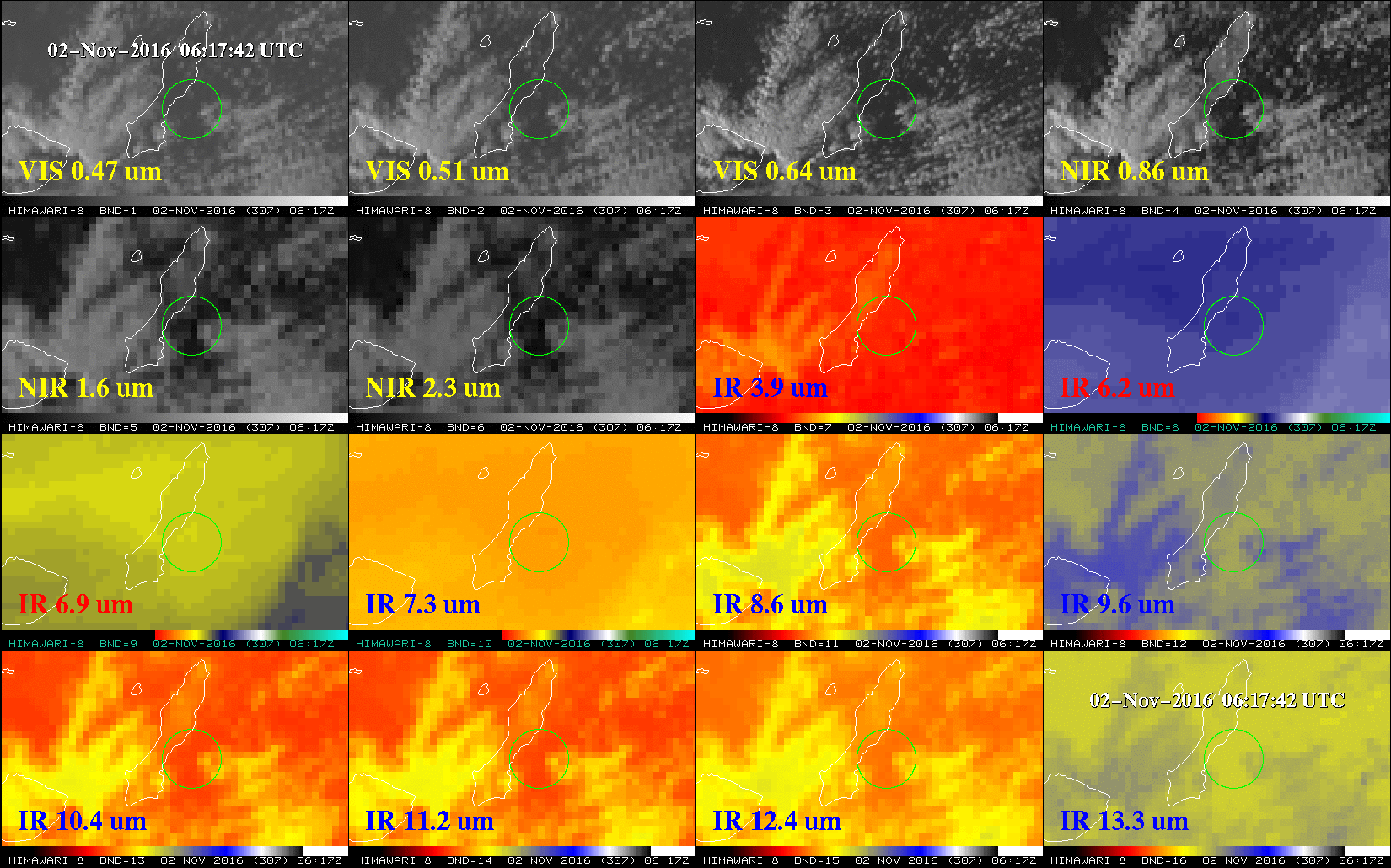Himawari-8 imagery of all 16 AHI Channels, as indicated, bracketing the launch time of Himawari-9 (Click to enlarge)