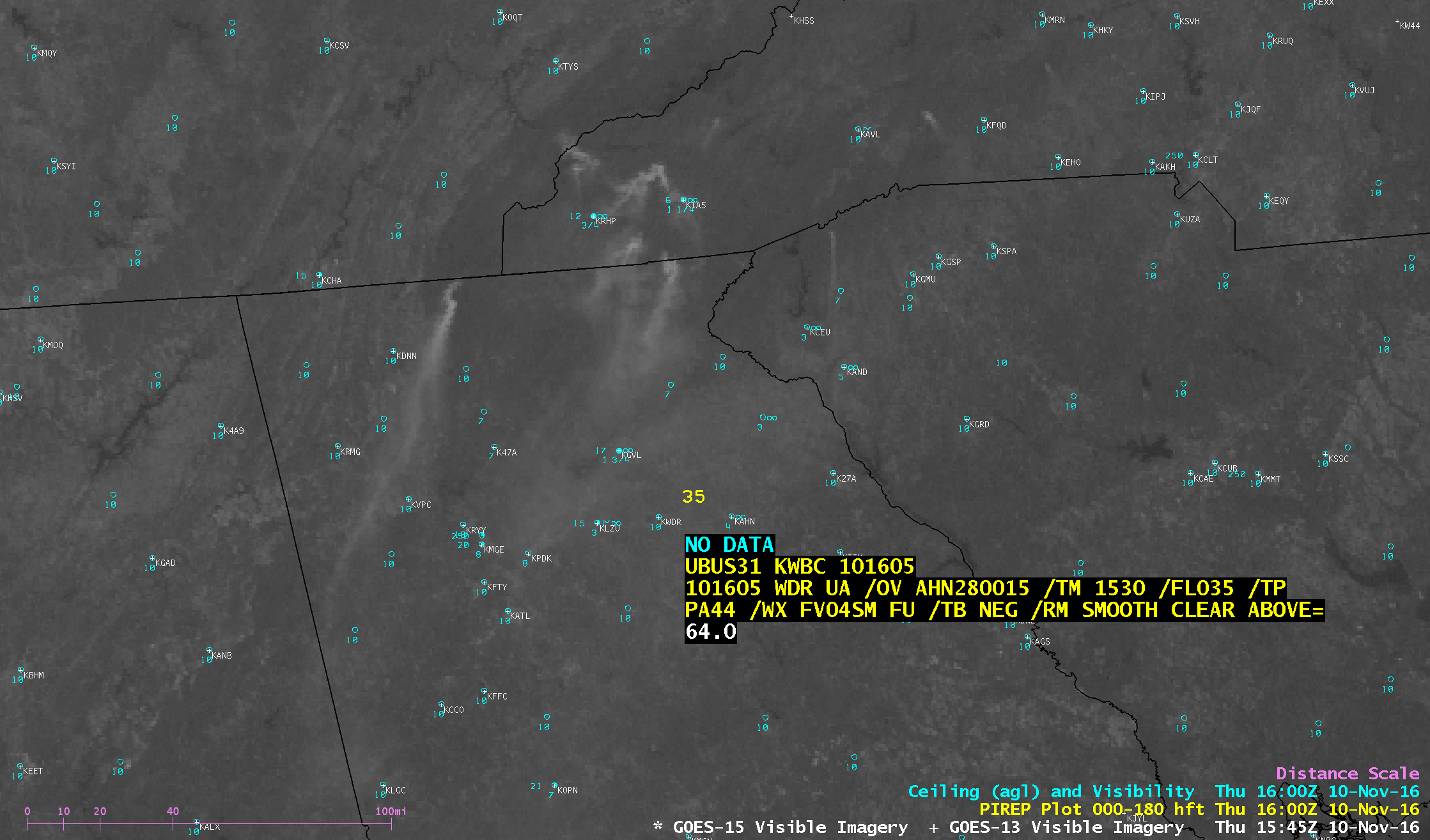 GOES-13 Visible (0.63 µm) image, with cloud ceiling (hundreds of feet above ground level) and visibility (statute miles) plotted in cyan and a Pilot Report in yellow [click to enlarge]