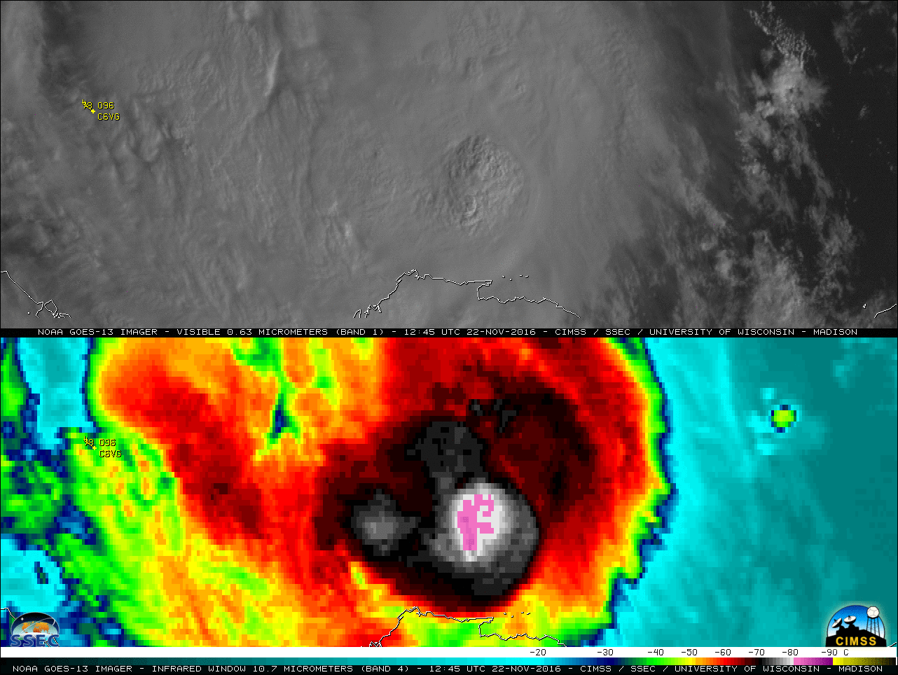GOES-13 0.63 um Visible (top) and 10.7 um Infrared Window (bottom) images [click to animate] 