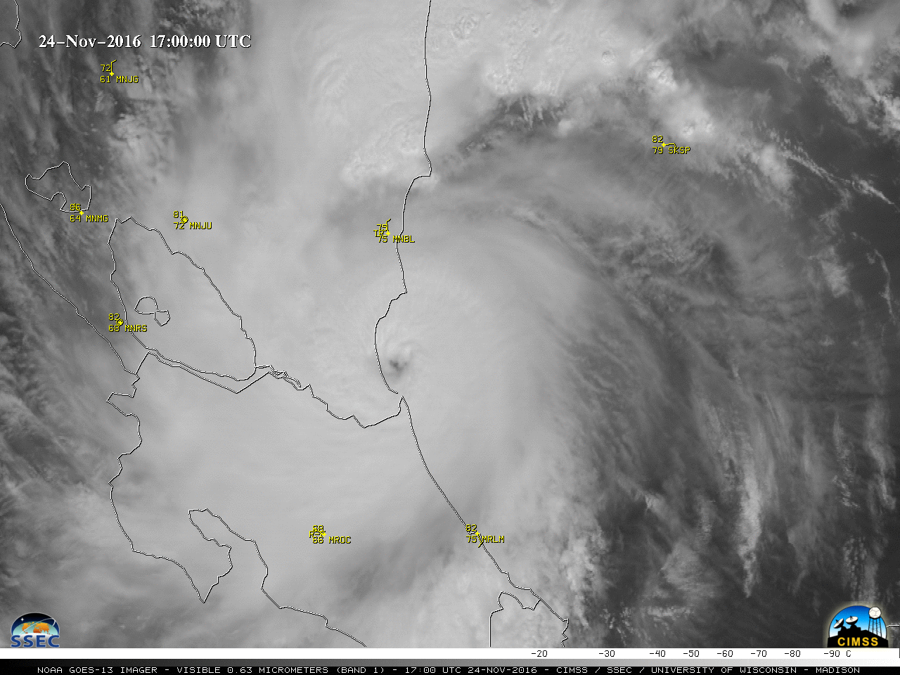GOES-13 Visible (0.63 µm) images, with hourly surface reports [click to play MP4 animation]
