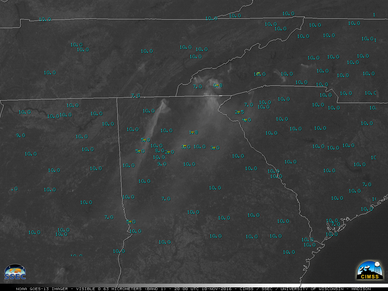 GOES-13 Visible (0.63 µm) images; hourly surface weather symbols are plotted in yellow, with surface visibility (statute miles) plotted in cyan [click to play animation]