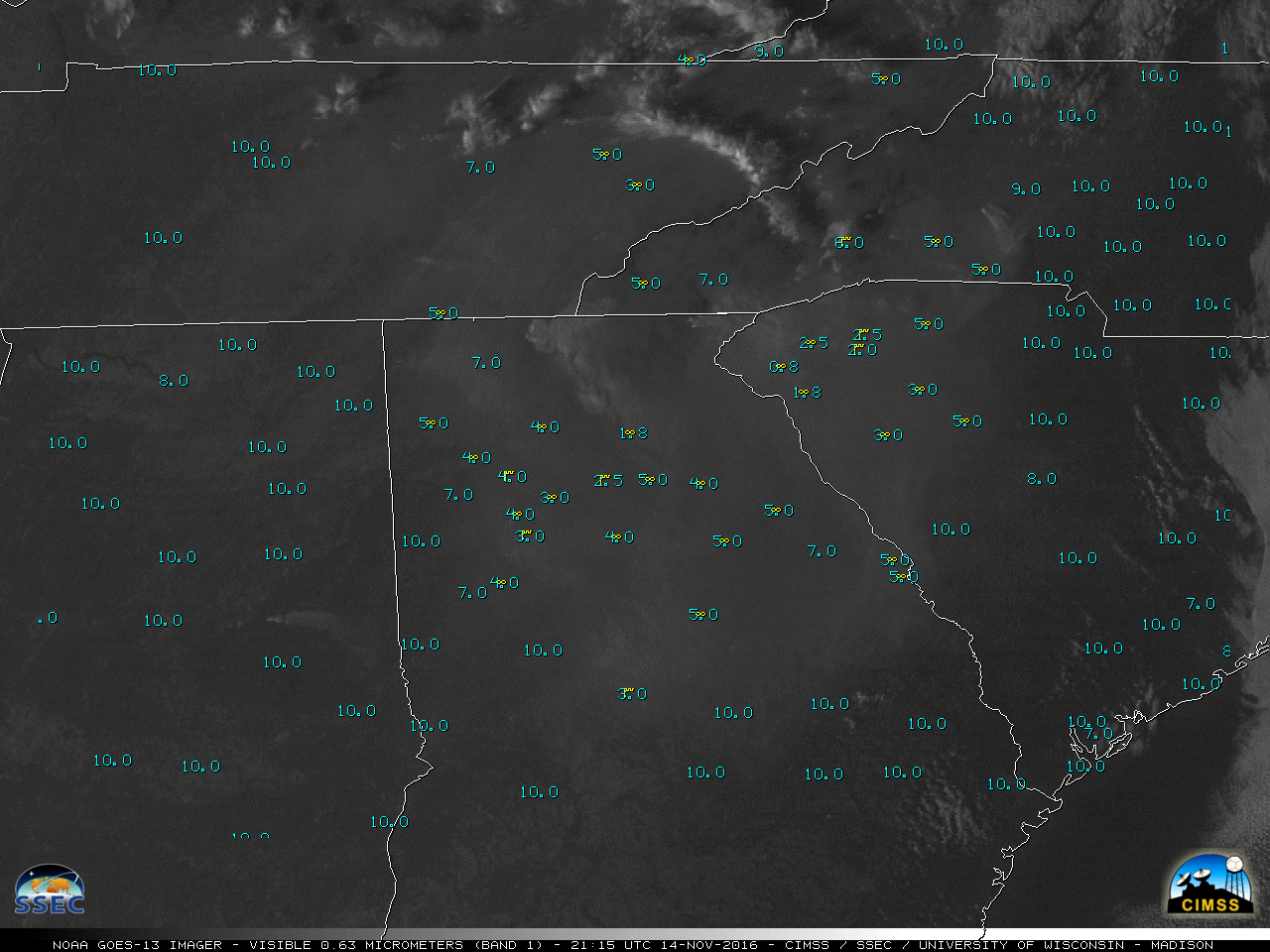 GOES-13 Visible (0.63 µm) images, with hourly plots of surface weather (yellow) and visibility (statute miles, in cyan) [click to animate]