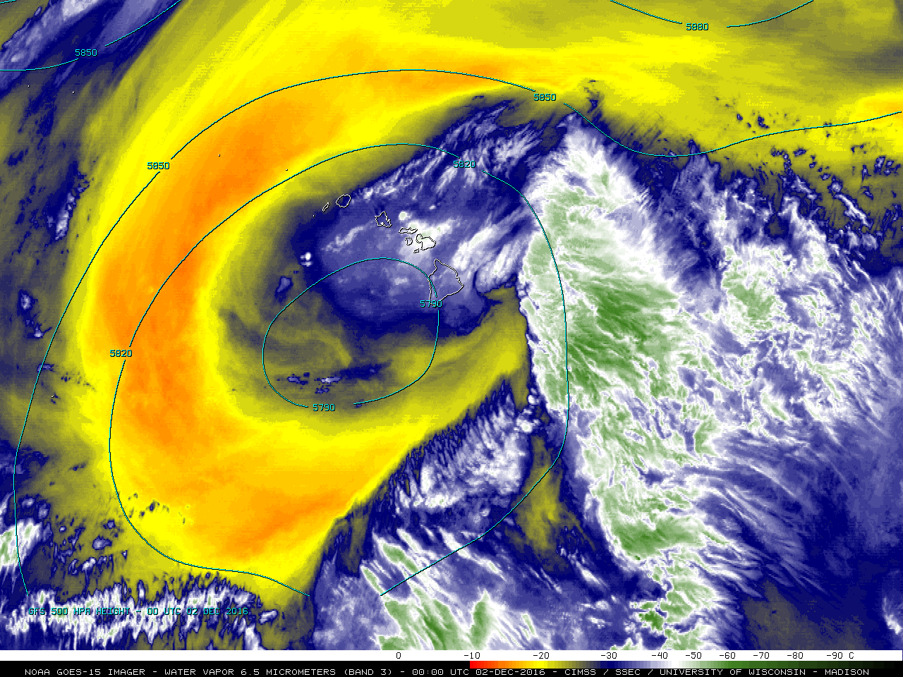 GOES-15 Water Vapor (6.5 µm) images, with overlays of GFS model 500 hPa geopotential height [click to play animation]