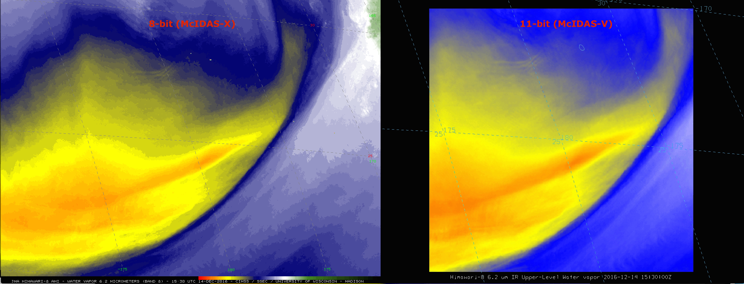 Himawari-8 Water Vapor (6.2 µm) image at 1530 UTC, as viewed using 8-bit McIDAS-X (left) and 11-bit McIDAS-V (right) displays [click to enlarge]