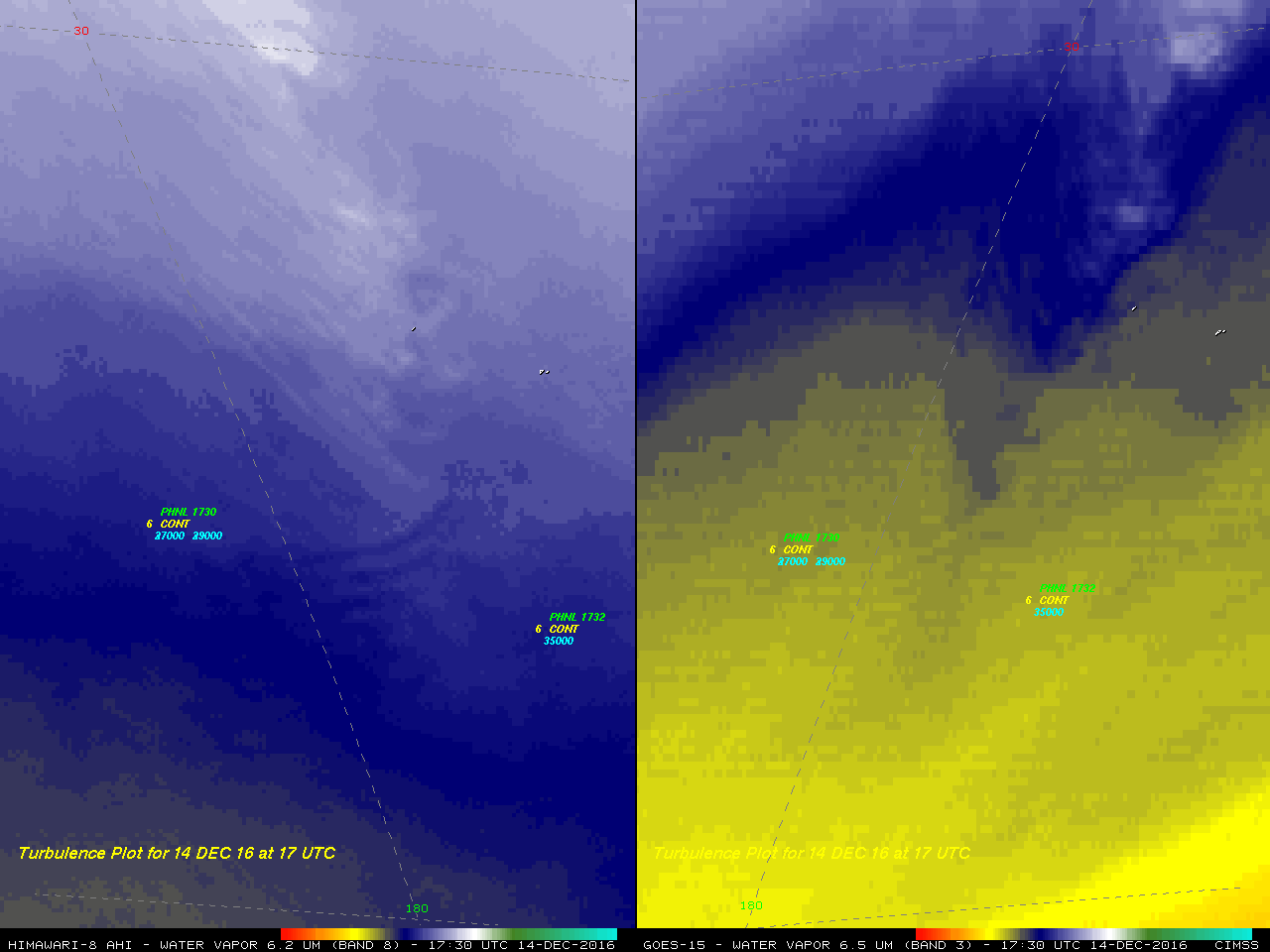 Himawari-8 Water Vapor (6.2 µm, left) and GOES-15 Water Vapor (6.5 µm, right) images, with pilot reports of turbulence [click to play animation]