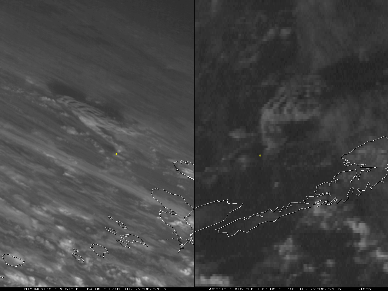Himawari-8 0.64 µm (left) and GOES-15 0.63 µm (right) Visible images [click to play animation]