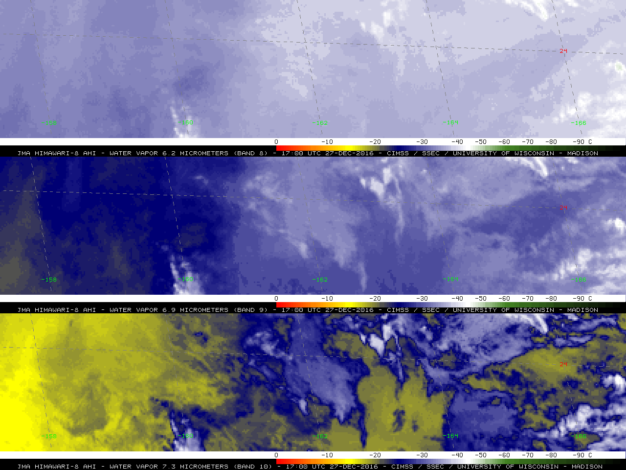 Himawari-8 Water Vapor Imagery (6.2 µm, top; 6.9 µm, middle; 7.3 µm, bottom), 1700-1900 UTC on 27 December 2016 [click to enlarge]