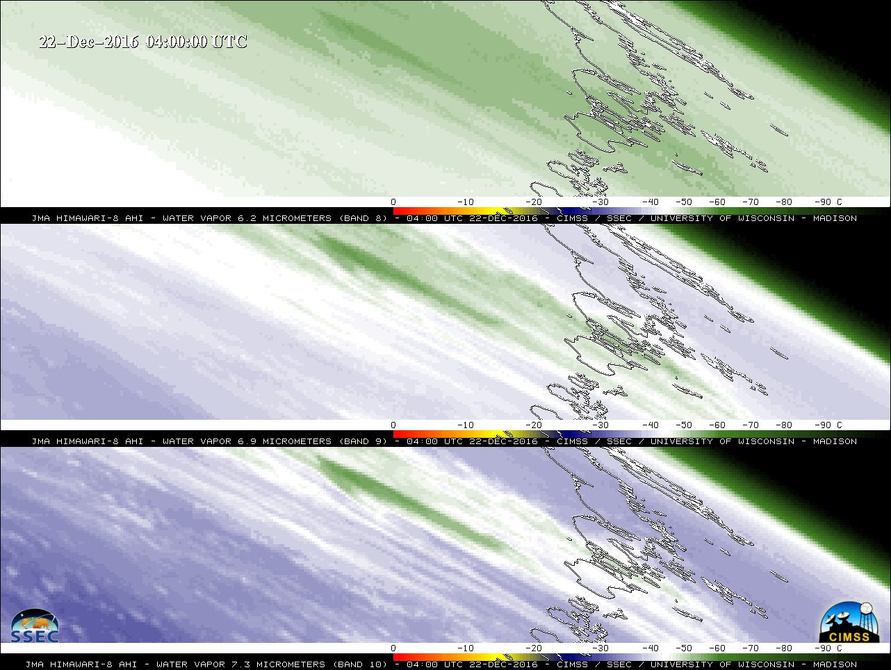 Himawari-8 6.2 µm (top), 6.9 µm (middle) and 7.3 µm (bottom) Water Vapor images [click to play animation] 