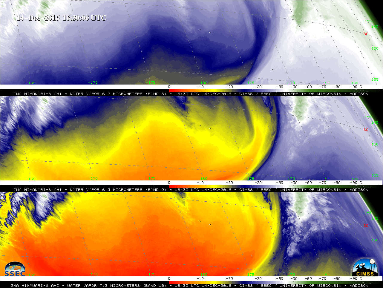 Himawari-8 Water Vapor (6.2 µm, top; 6.9 µm, middle; 7.4 µm, bottom) images [click to play animation]