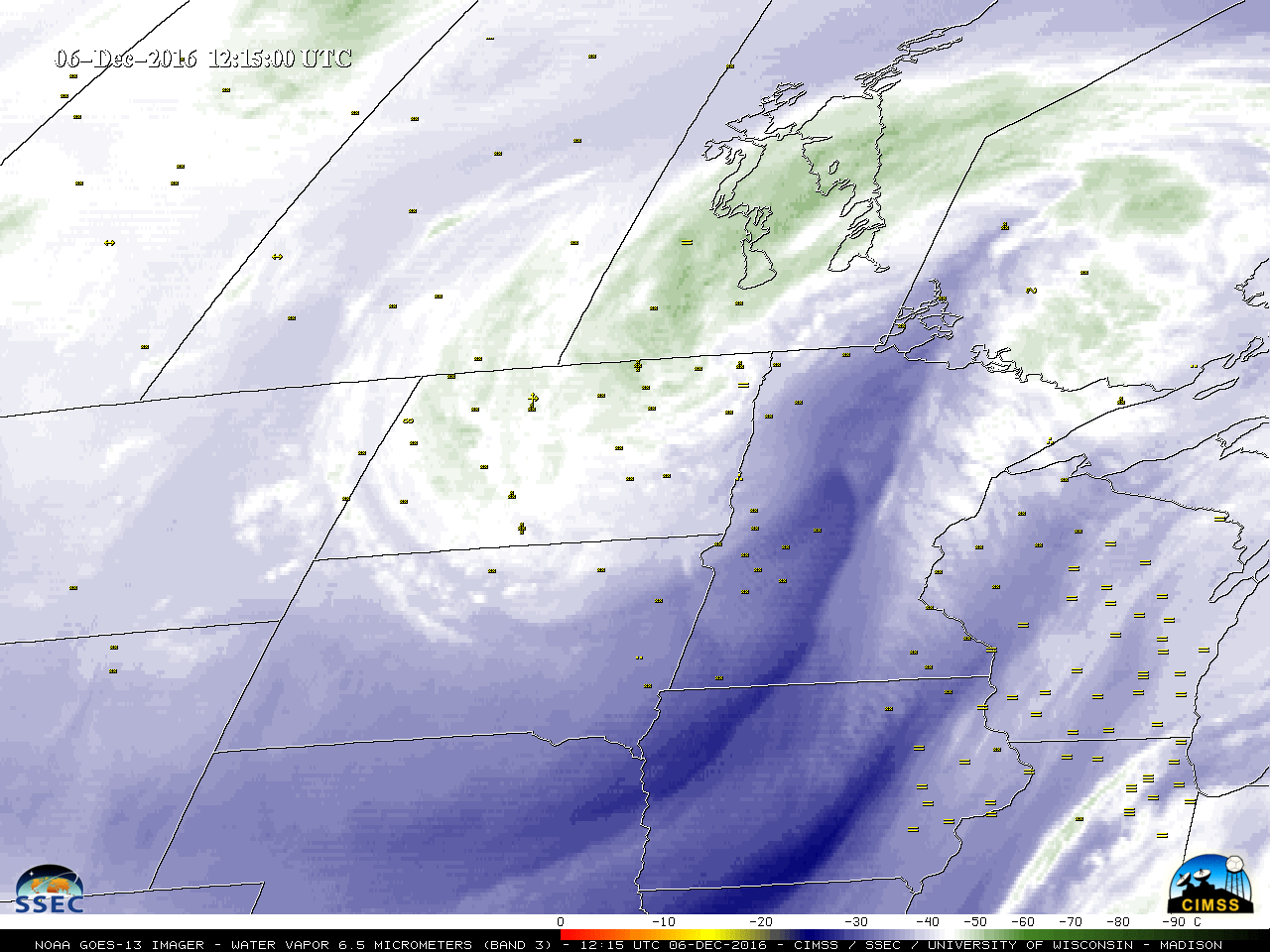GOES-13 Water Vapor (6.5 µm) images, with hourly surface weather symbols [click to play animation]