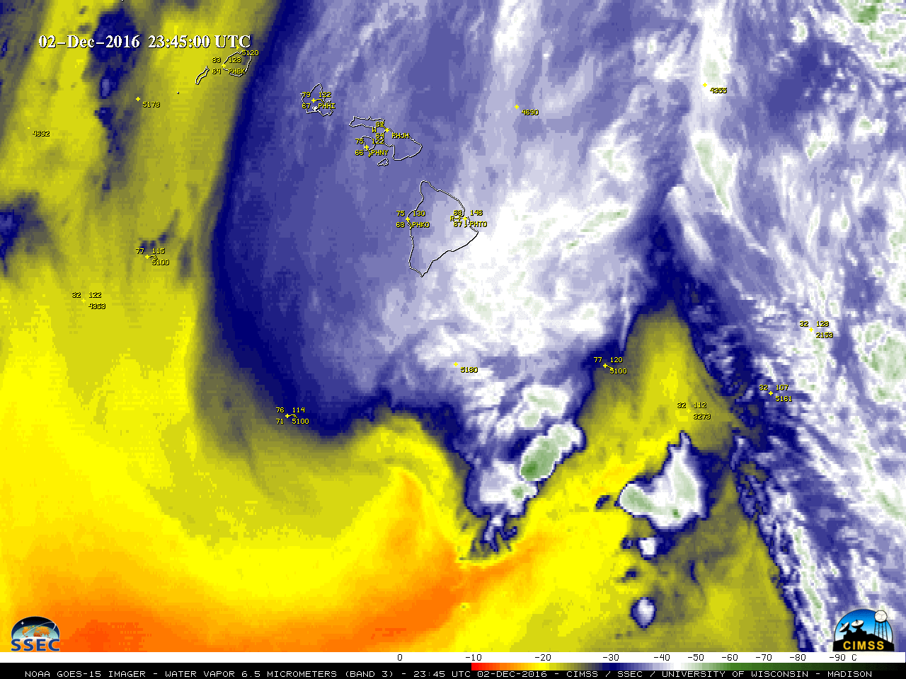 GOES-15 Water Vapor (6.5 µm) images, with hourly surface reports [click to play MP4 animation]