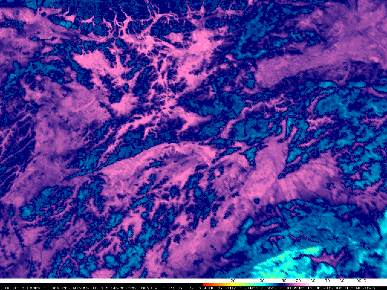 NOAA-18 AVHRR Infrared Window (10.8 µm) image centered on Tanana (PATA), with surface air temperatures and corresponding station identifications [click to enlarge]