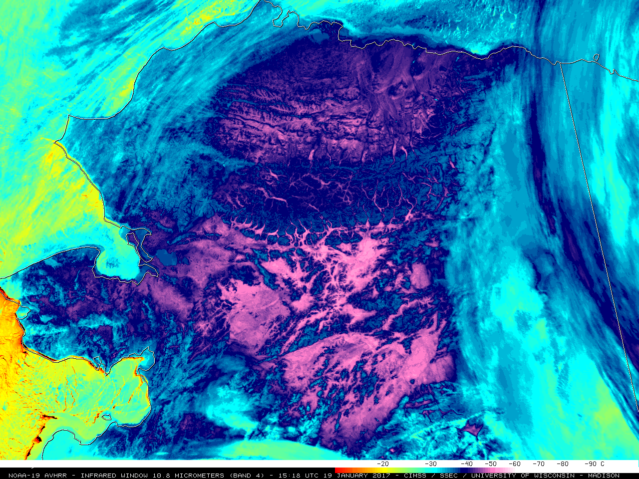 NOAA-19 AVHRR Infrared Window (10.8 µm) image, with surface air temperatures and corresponding station identifications [click to enlarge]