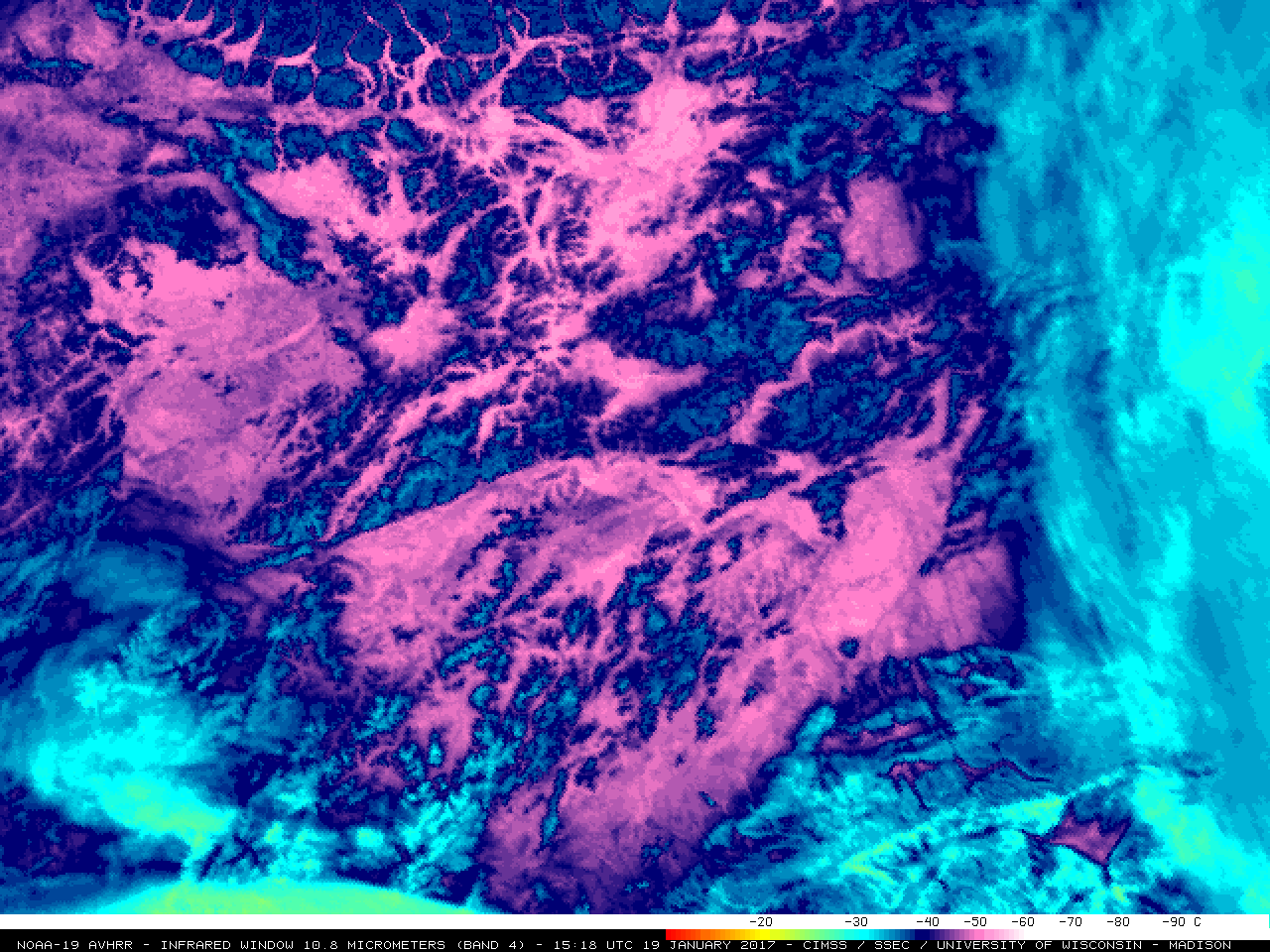 NOAA-19 AVHRR Infrared Window (10.8 µm) images centered on Tanana (PATA), with surface air temperatures and corresponding station identifications [click to enlarge]