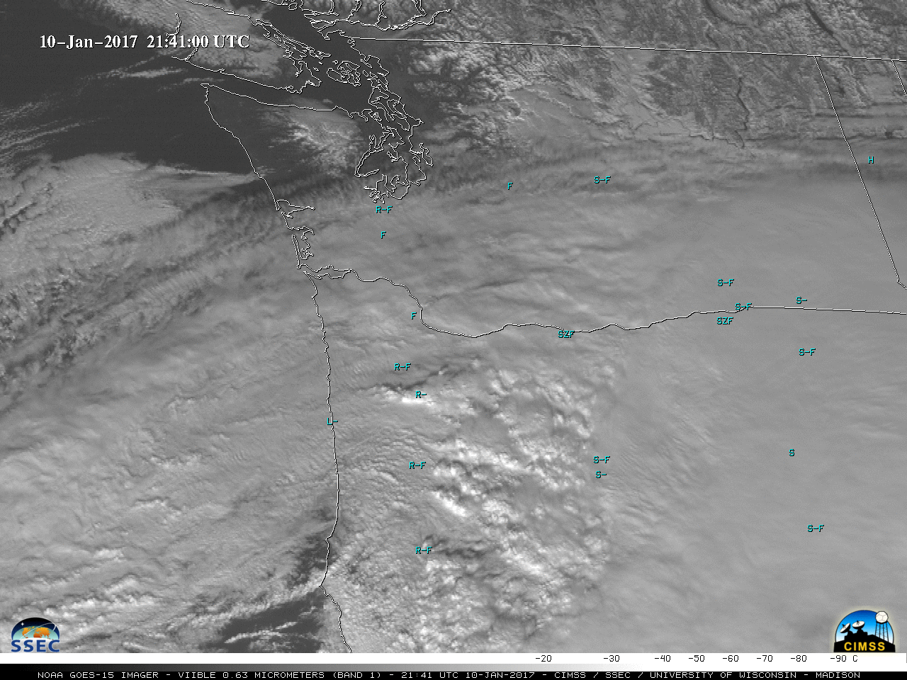 GOES-15 Visible (0.63 µm) images, with hourly reports of surface weather type [click to play animation] 