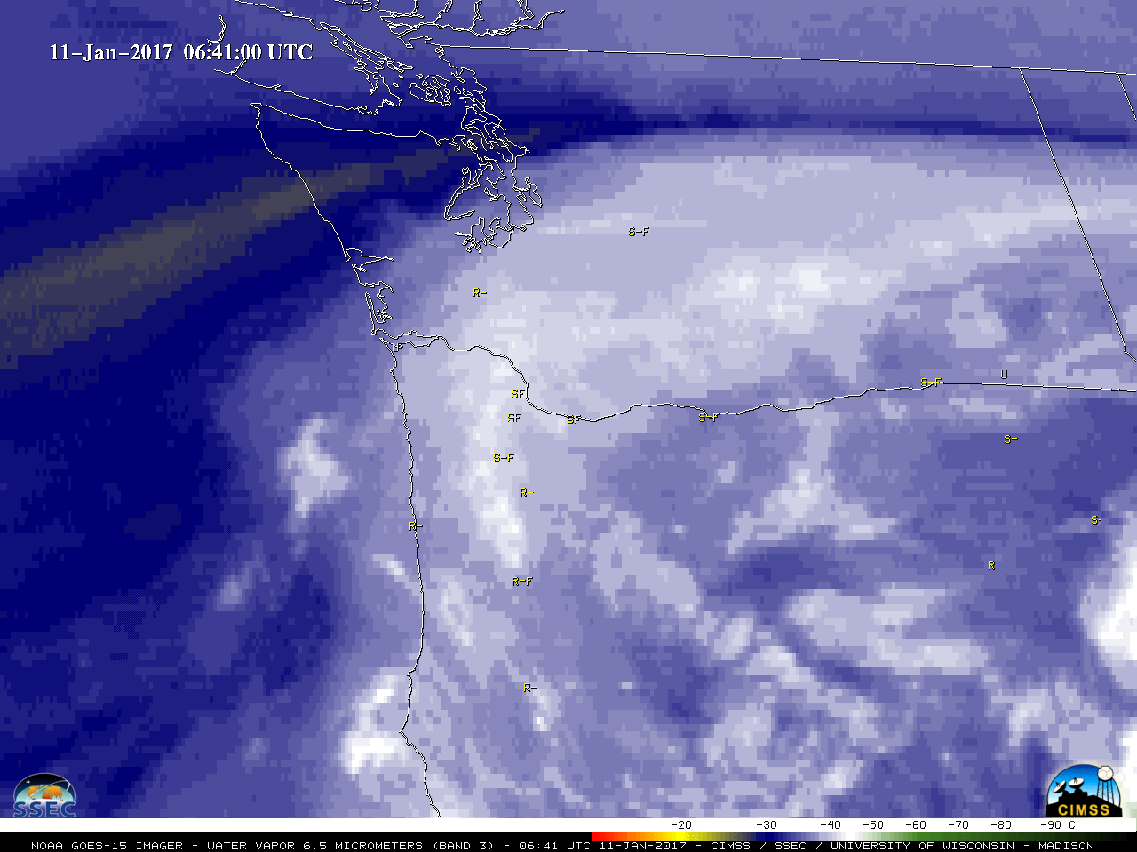 GOES-15 Water Vapor (6.5 µm) images, with hourly reports of surface weather type [click to play animation]