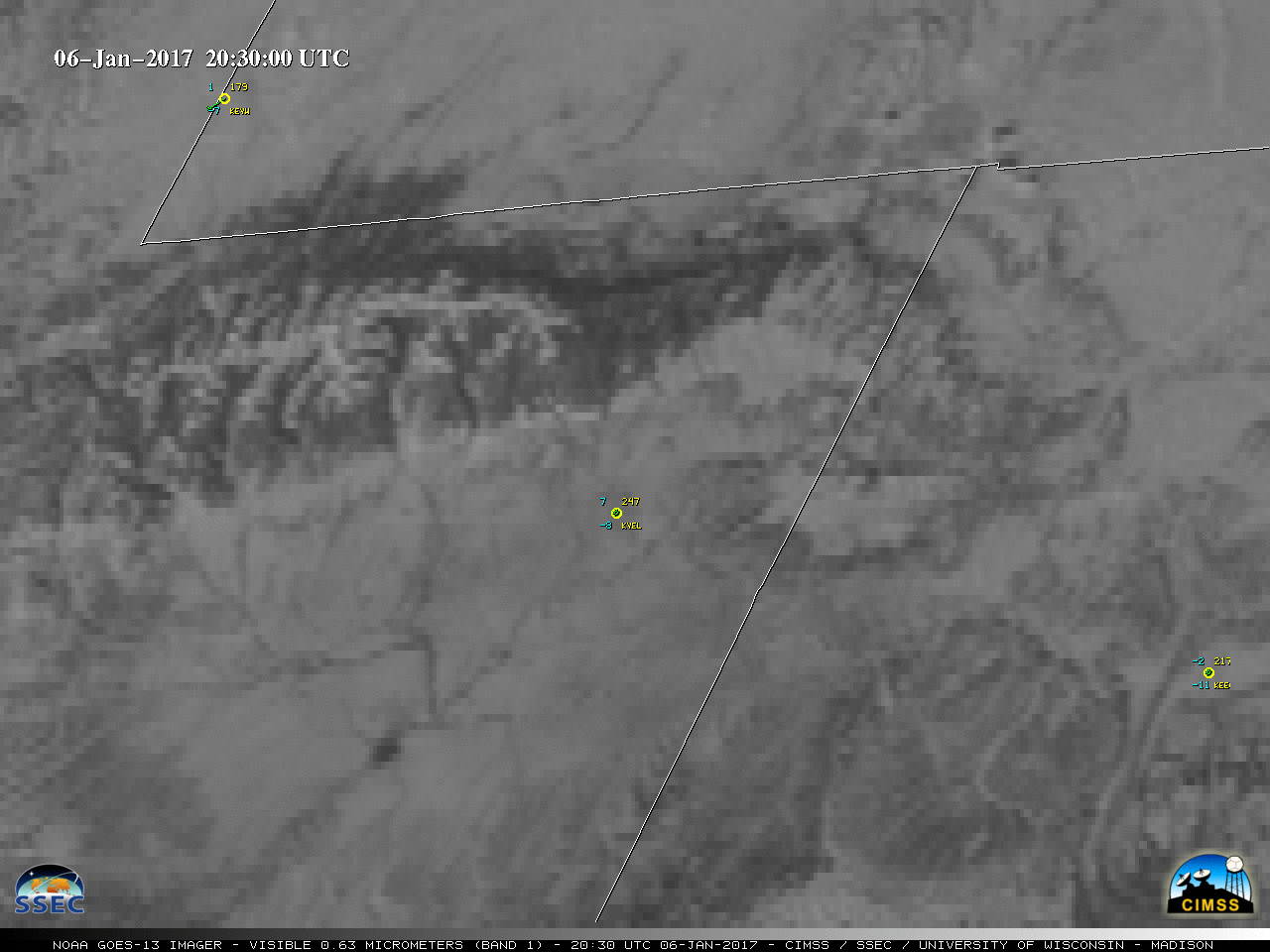 GOES-13 Visible (0.63 µm) images, with hourly surface reports [click to play animation]