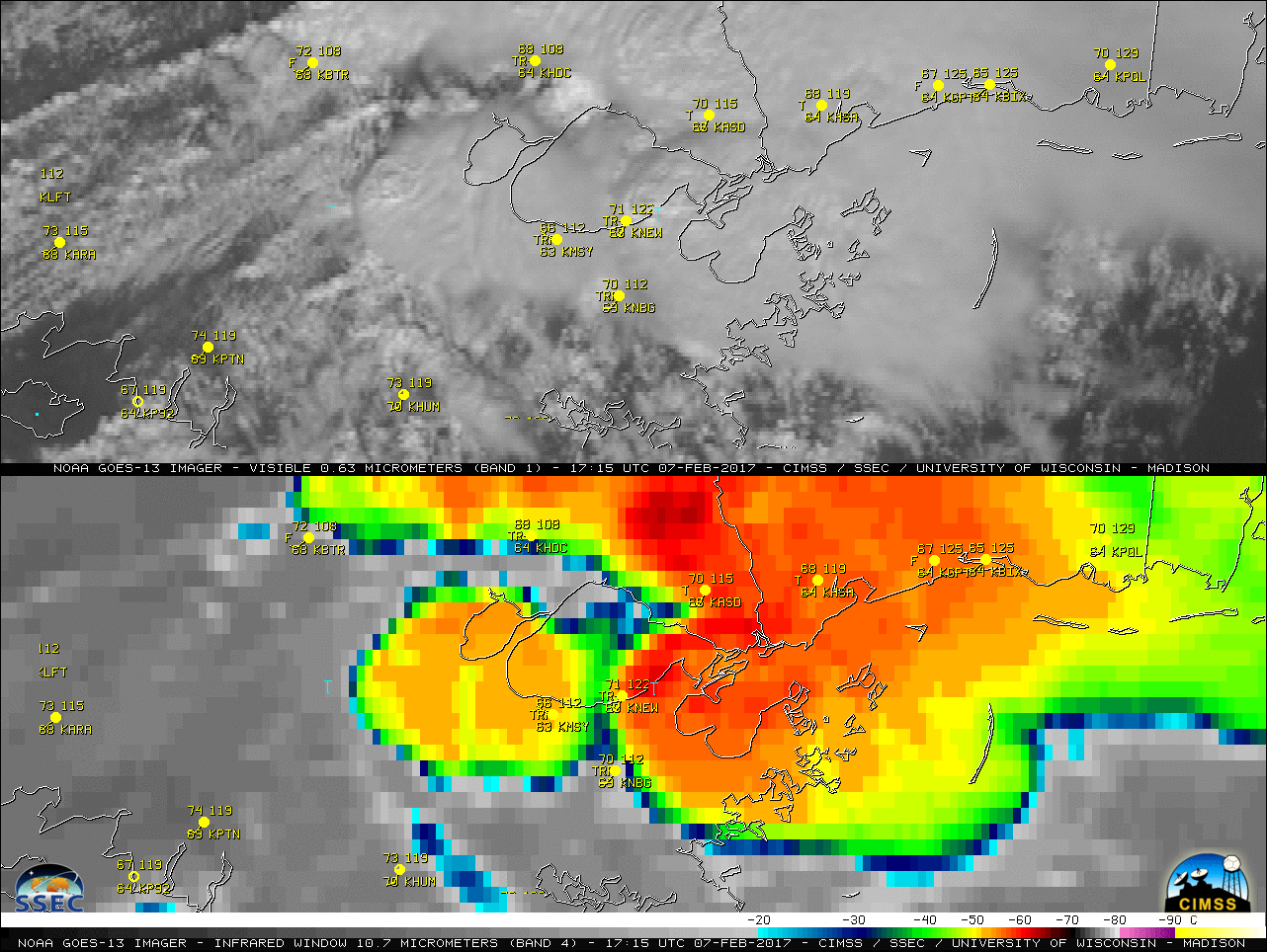 GOES-13 0.63 µm Visible (top) and 10.7 µm Infrared Window images (bottom), with hourly surface reports and locations of the tornado reports.