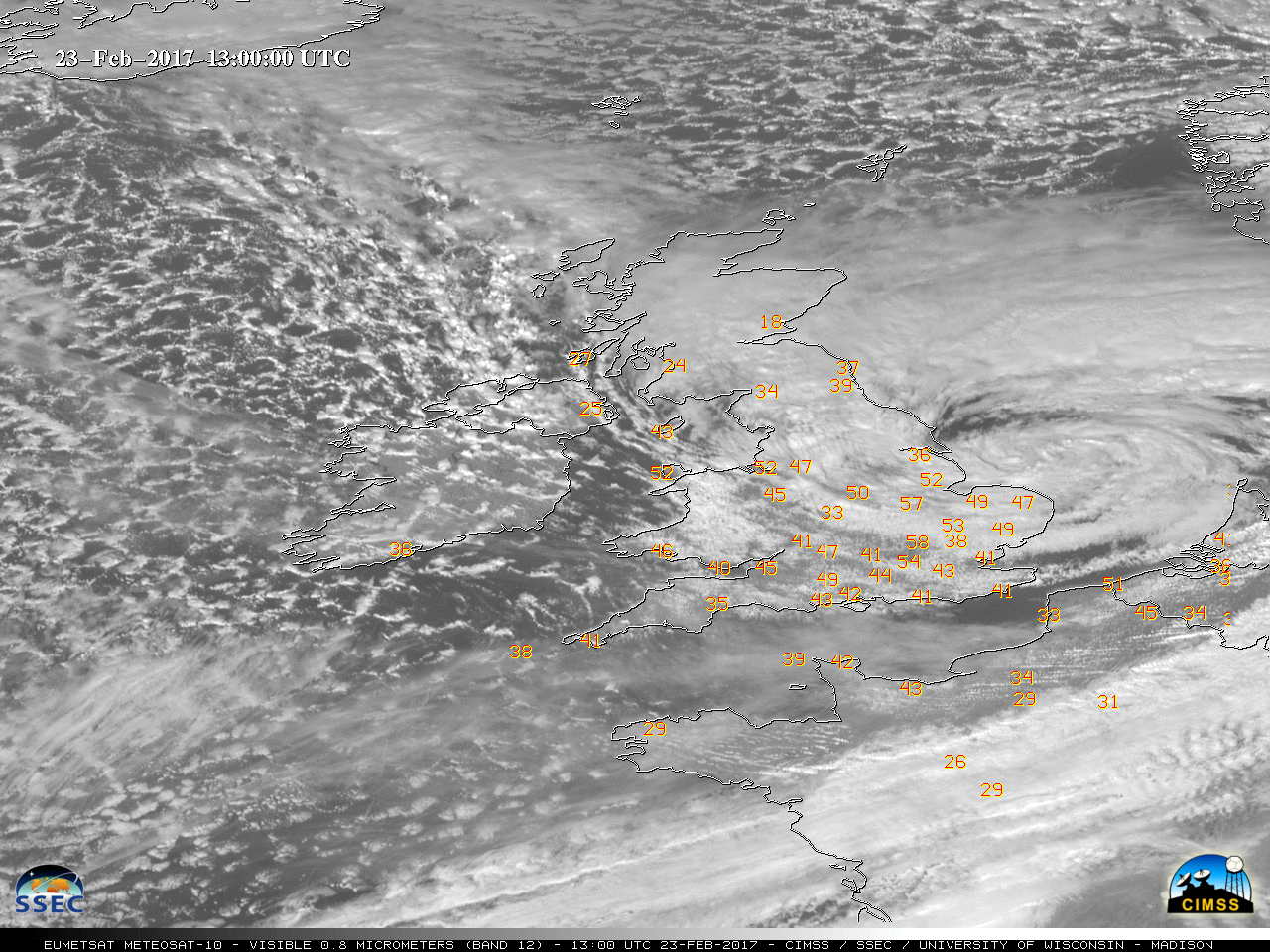 Meteosat-10 High Resolution Visible (0.8 µm) images, with hourly surface wind gusts in knots [click to play animation]