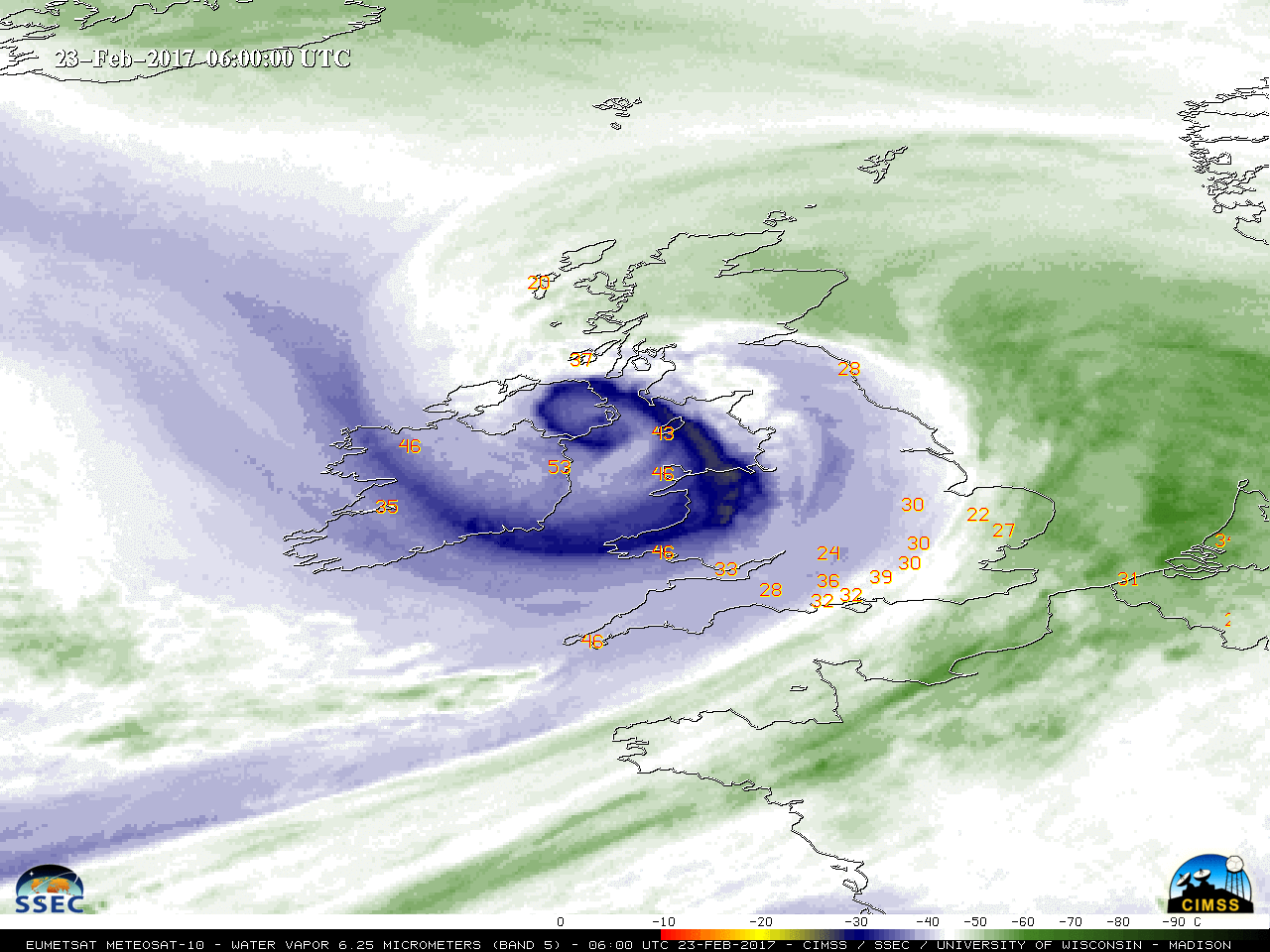 Meteosat-10 Water Vapor (6.25 µm) images, with hourly surface wind gusts in knots [click to play animation]