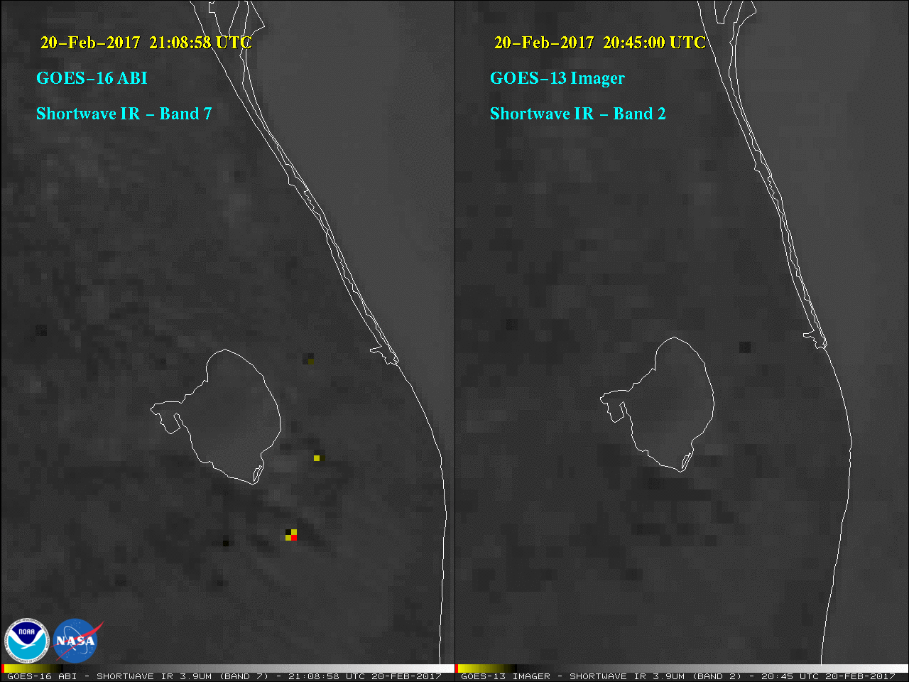GOES-16 (left) and GOES-13 (right) 3.9 µm Shortwave Infrared images [click to play MP4 animation]