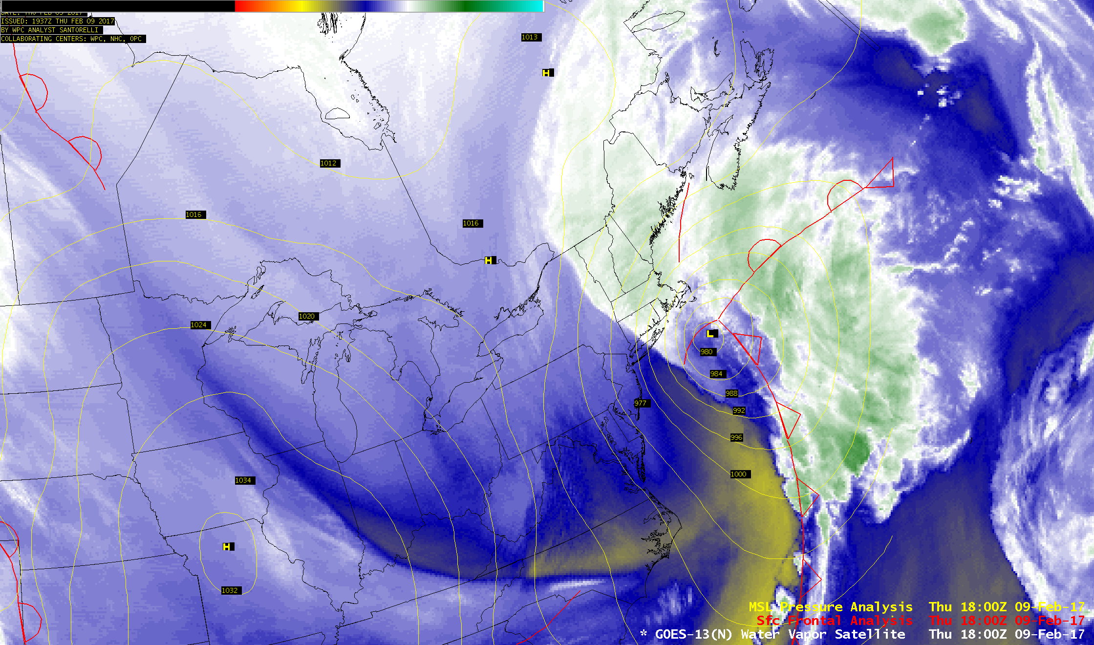 GOES-13 Water Vapor (6.5 µm) images, with surface fronts and MSLP pressure [click to play animation]