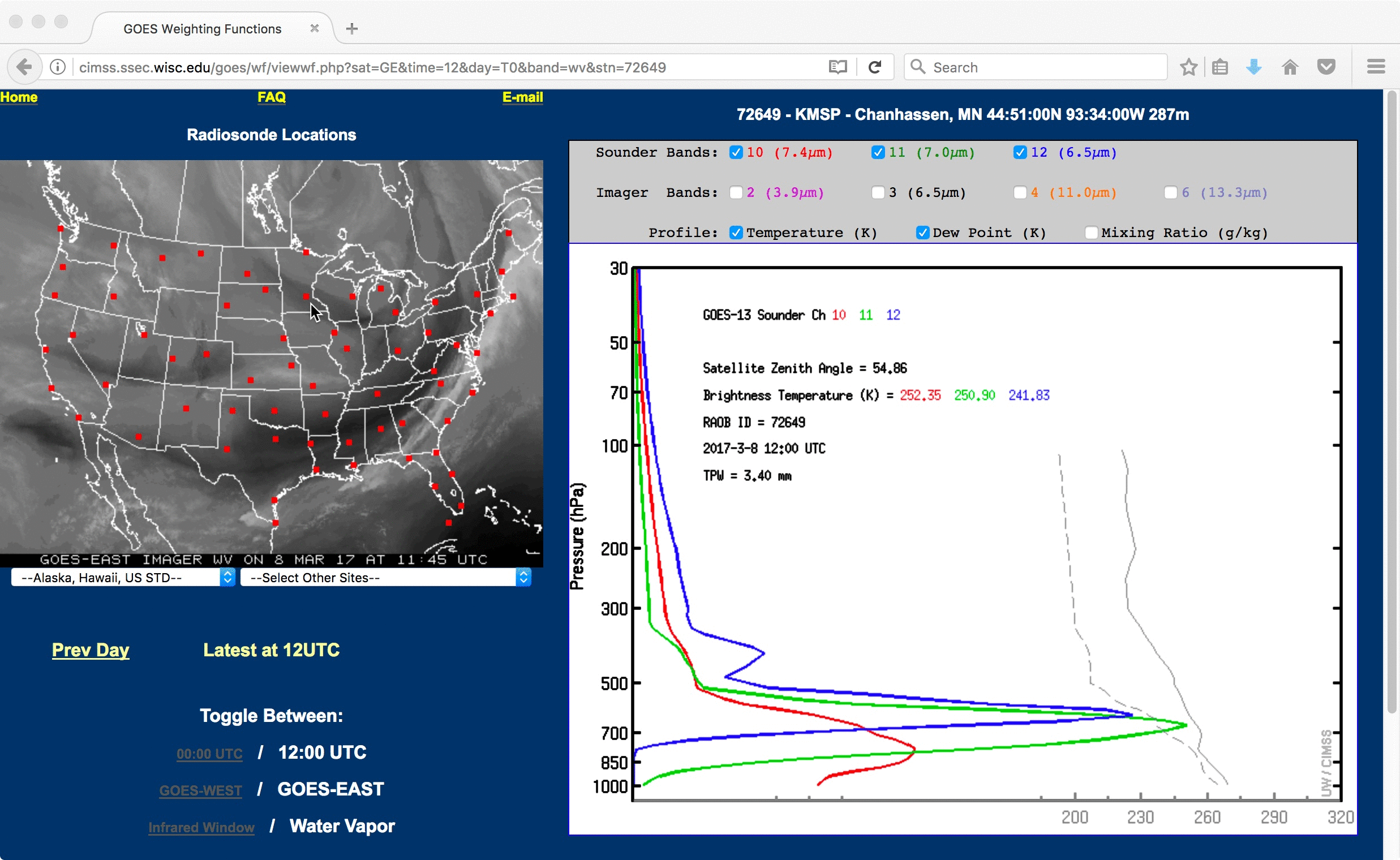 GOES-13 Sounder water vapor weighting functions: 12 UTC Chanhassen, Minnesota sounding vs US Standard Atmosphere [click to enlarge]