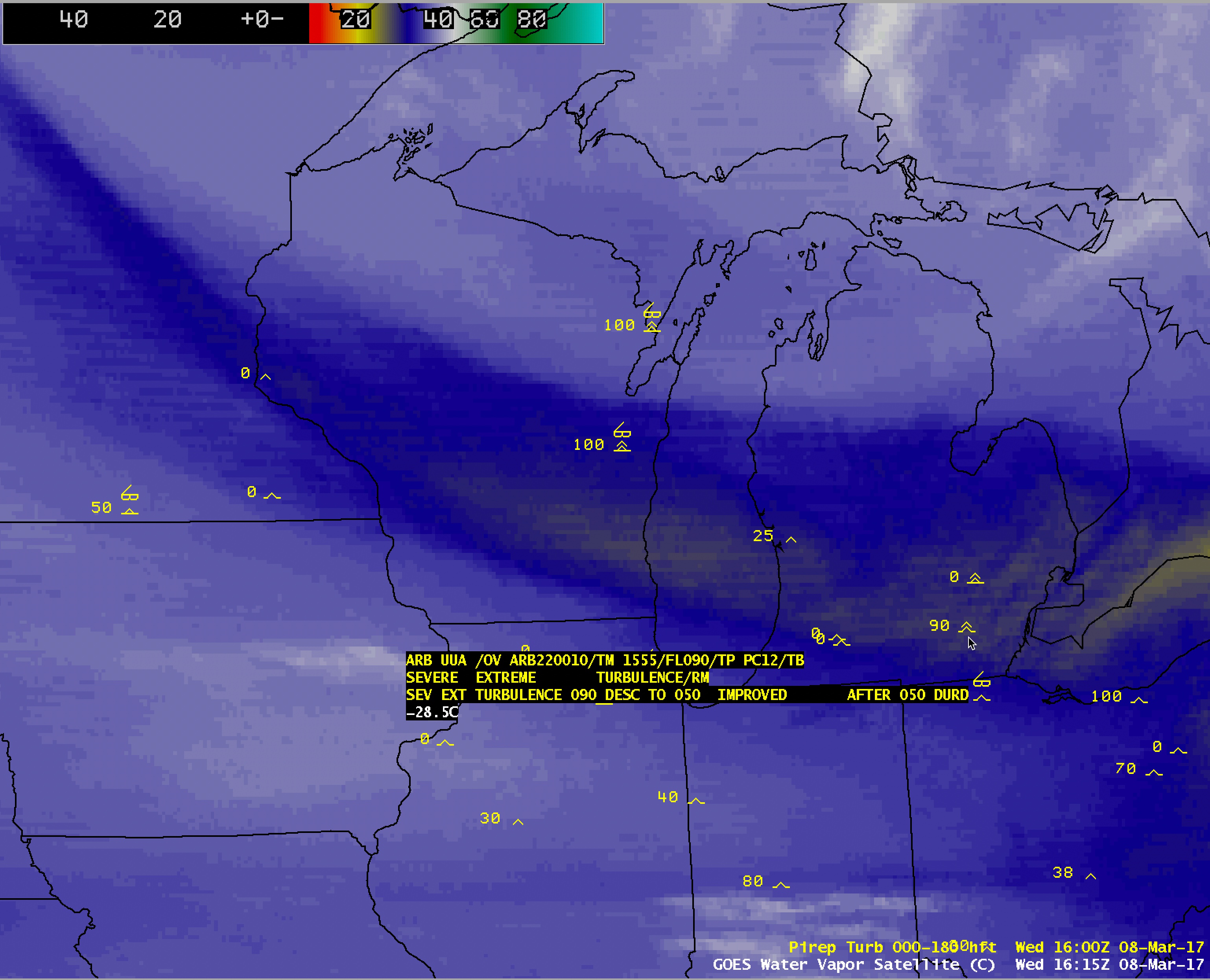 GOES-13 Water Vapor (6.5 µm) images, with pilot reports of turbulence [click to play animation]