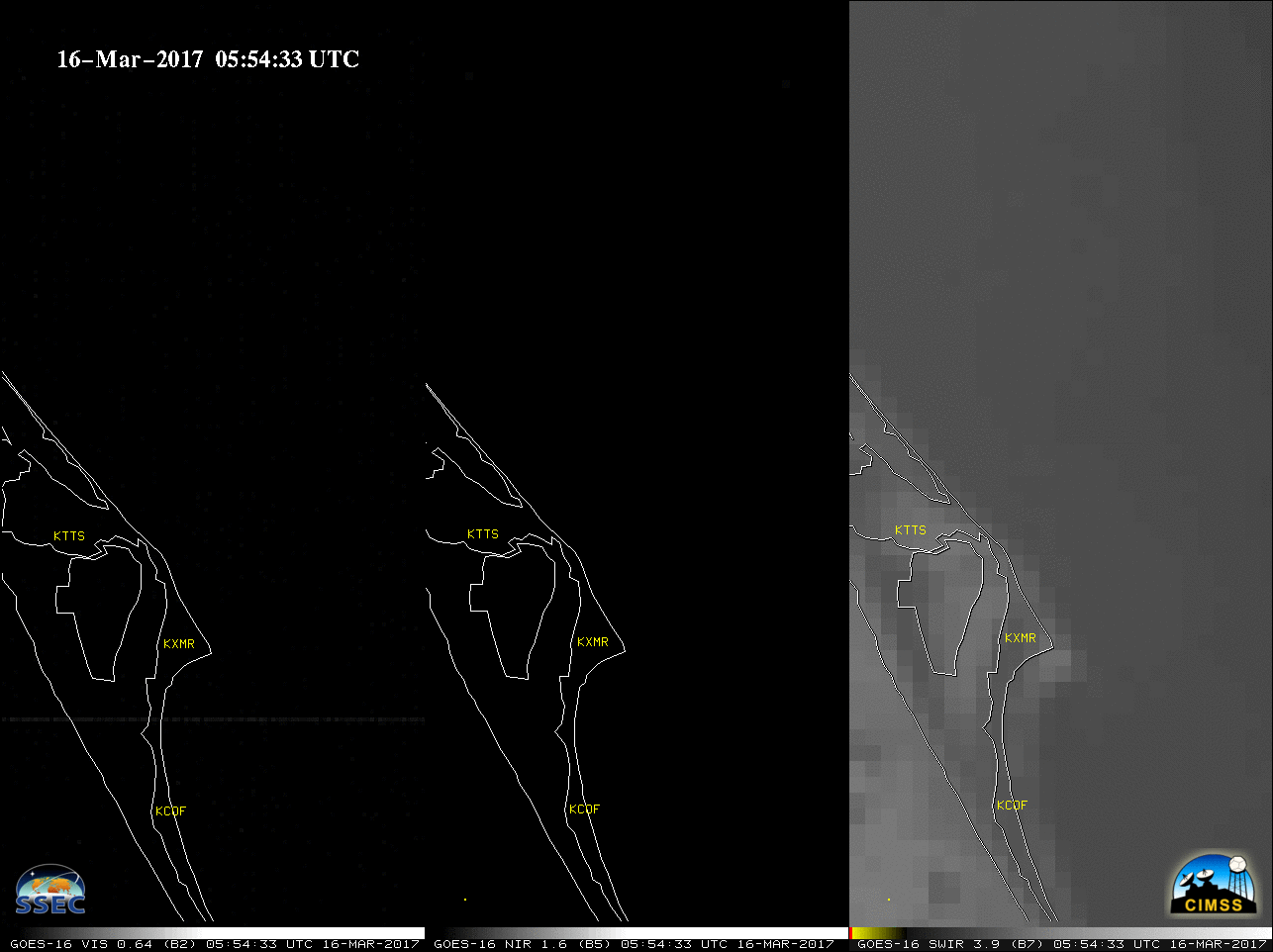 GOES-16 Visible (0.64 µm, left), Near-Infrared (1.61 µm, center) and Shortwave Infrared (3.9 µm, right) images [click to enlarge]