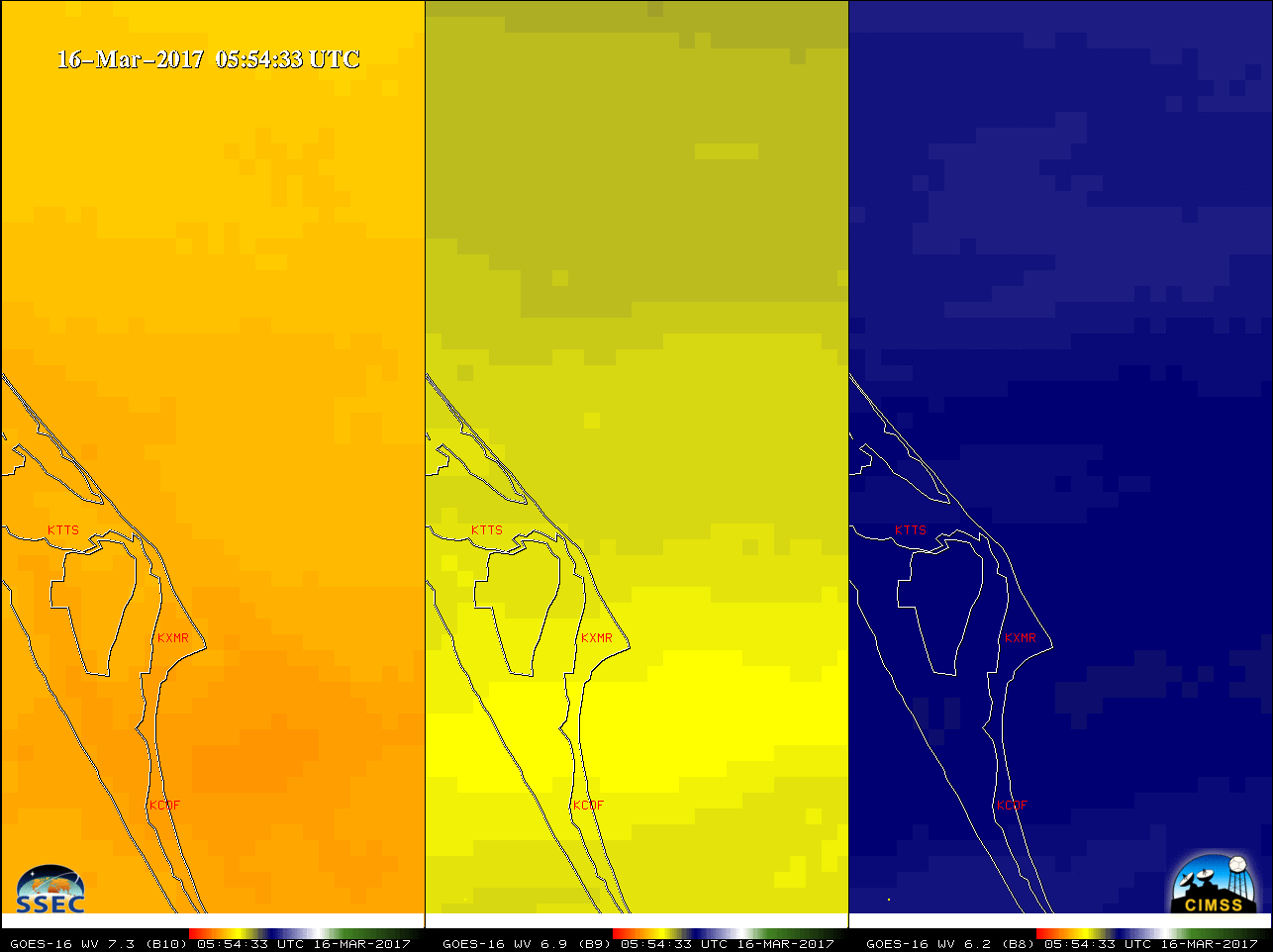 GOES-16 Lower-Level Water Vapor (7.3 µm, left), Mid-Level Water Vapor (6.9 µm, middle) and Upper-Level Water Vapor (6.2 µm, right) images [click to enlarge] 