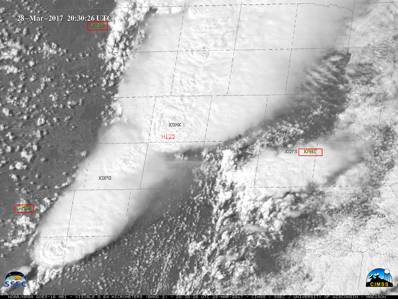 GOES-16 Visible (0.64 µm) image, with station identifiers KLBB, KMAF and KABI highlighted [click to enlarge]