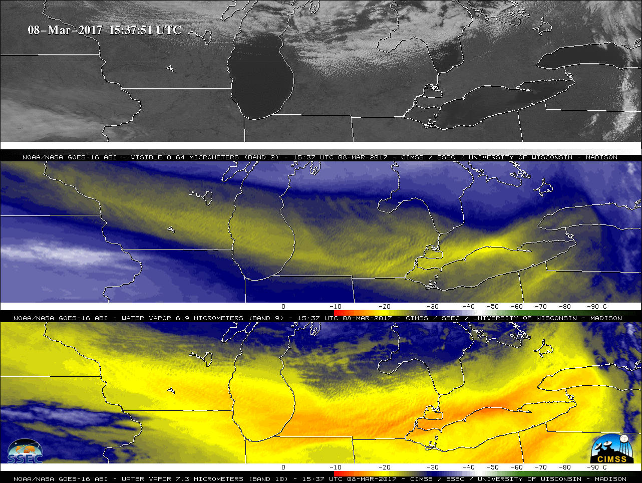 GOES-16 images: 0.64 µm Visible (top), 6.9 µm Water Vapor (middle) and 7.4 µm Water Vapor (bottom) [click to play animation]