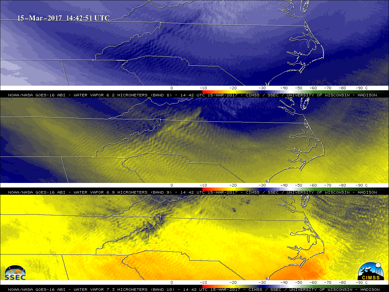 GOES-16 Water Vapor images: 6.2 µm (top), 6.9 µm (middle) and 7.3 µm (bottom) [click to play animation] 
