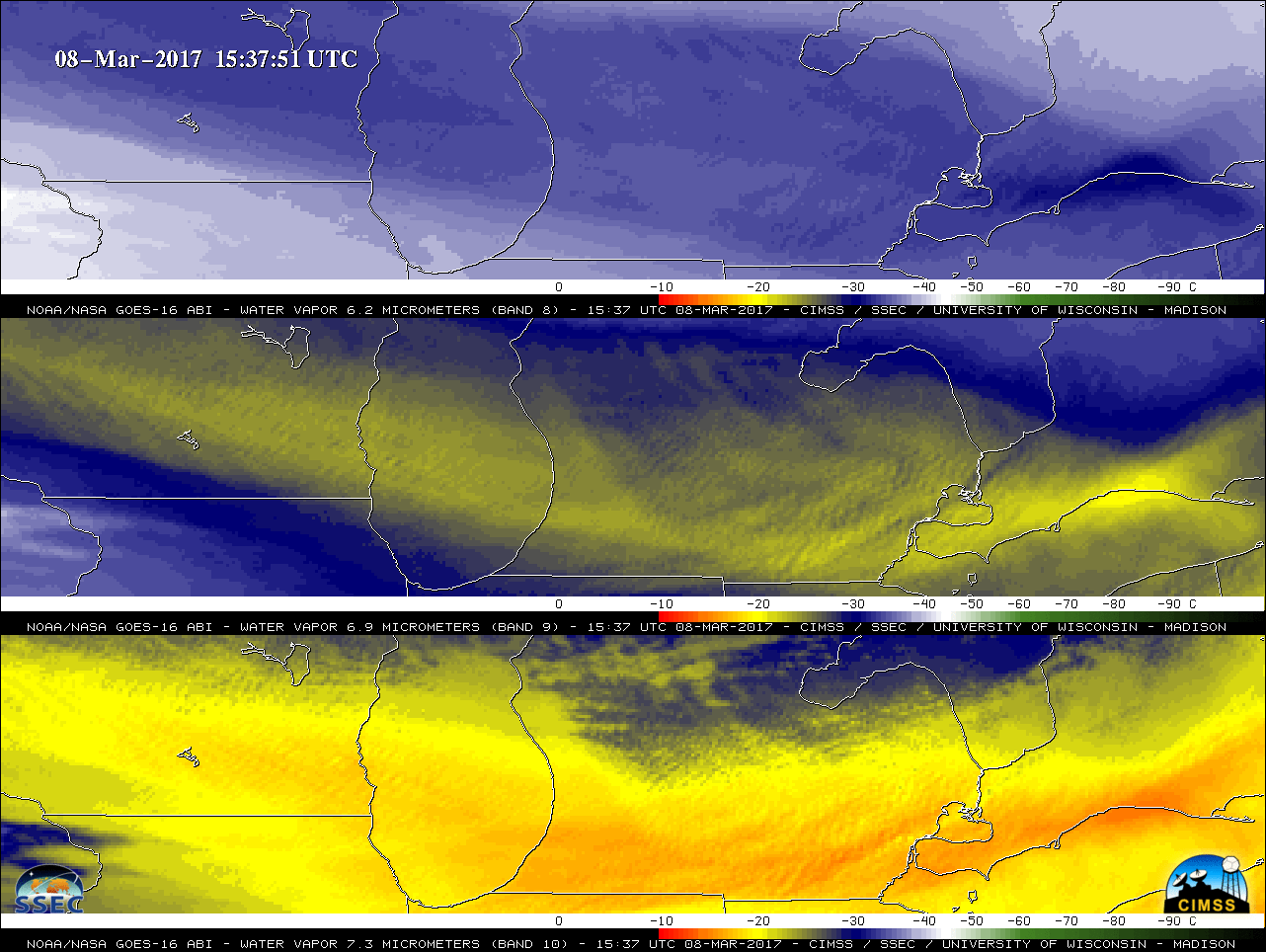 GOES-16 Water Vapor images: 6.2 µm (top), 6.9 µm (middle) and 7.4 µm (bottom) [click to play animation]