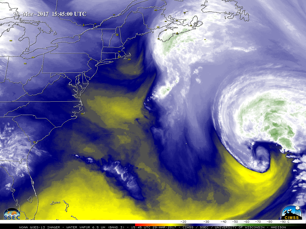 GOES-13 Water Vapor (6.5 µm) images, with hourly surface weather symbols [click to play animation]
