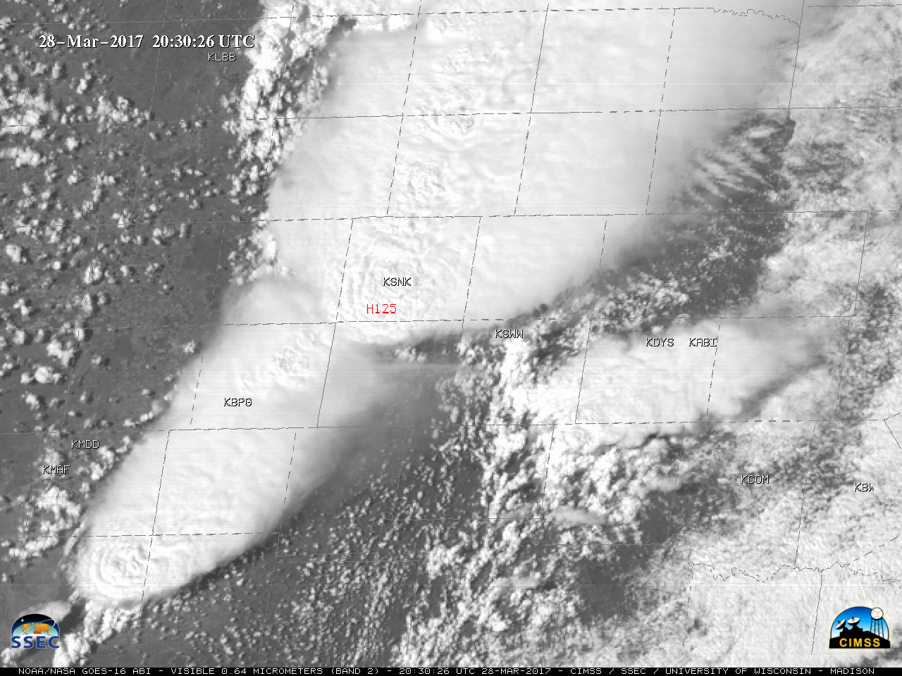 GOES-16 Visible (0.64 µm) images, with SPC storm reports of hail and tornadoes [click to play MP4 animation]