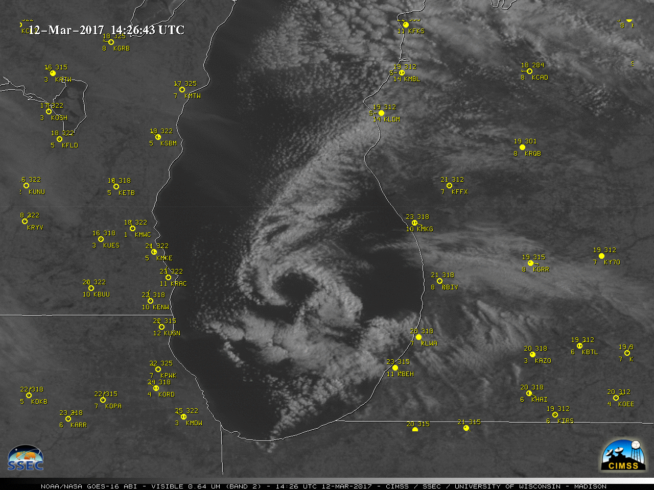 GOES-16 Visible (0.64 µm) images, with hourly surface reports [click to play animation]