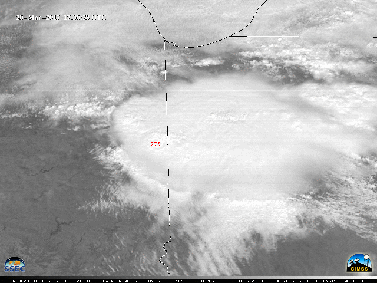 GOES-16 Visible (0.64 µm) images, with SPC storm reports of hail size [click to play MP4 animation]