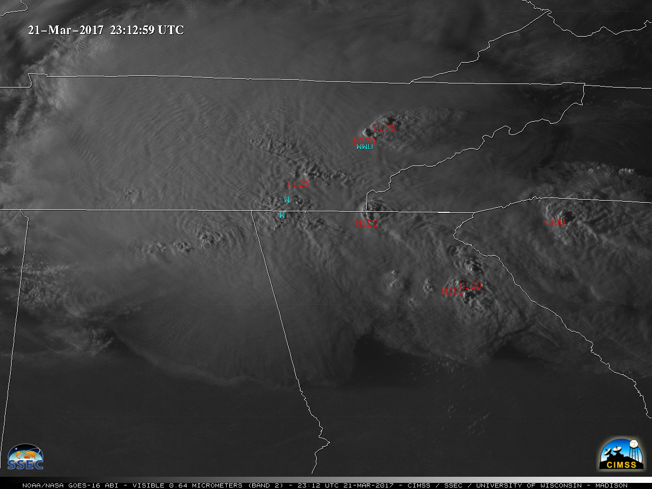 GOES-16 Visible (0.64 µm) images, with SPC storm reports of hail (red) and wind damage (cyan) [click to play MP4 animation]
