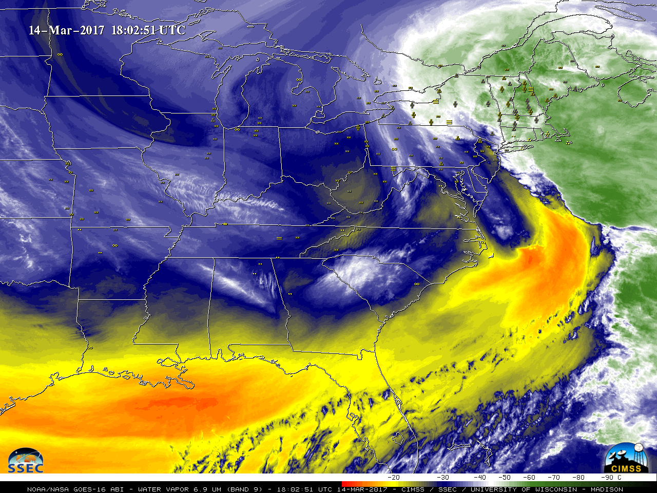 GOES-16 Water Vapor (6.9 µm) images, with hourly plots of surface weather [click to play MP4 animation]