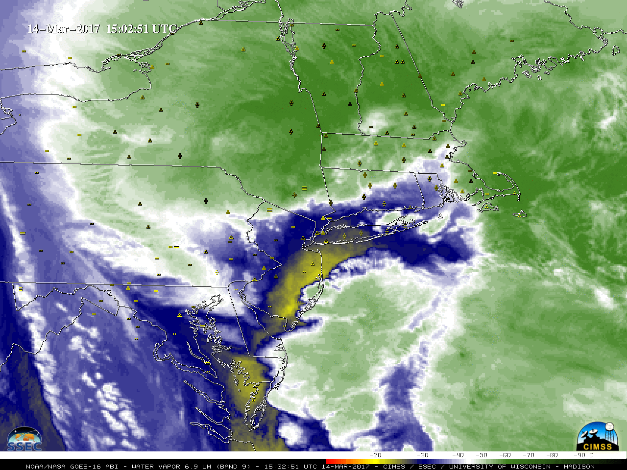 GOES-16 Water Vapor (6.9 um) images, with hourly surface weather symbols [click to play animation]