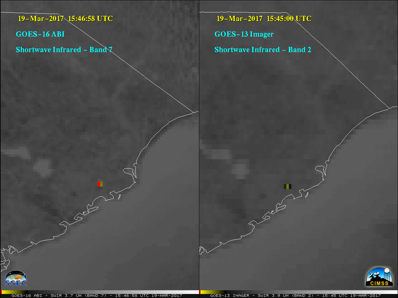GOES-16 Shortwave Infrared (3.9 µm, left) and GOES-13 Shortwave Infrared (3.9 µm, right) images [click to play MP4 animation]