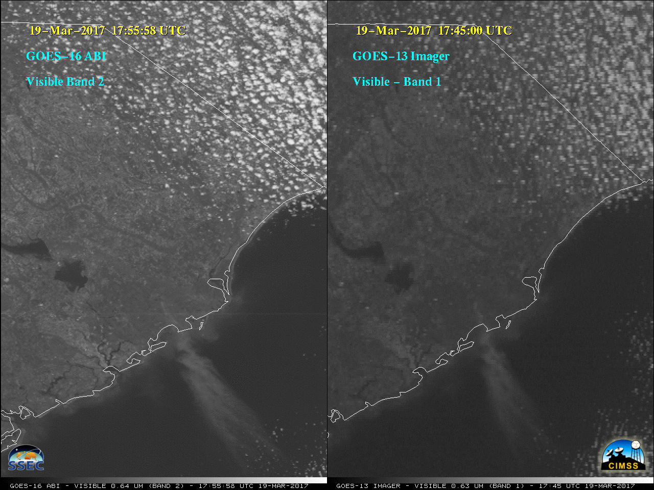 GOES-16 Visible (0.64 µm, left) and GOES-13 Visible (0.63 µm, right) images [click to play MP4 animation]