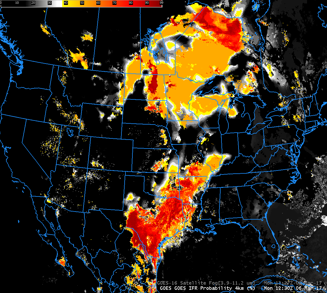 GOES-R IFR Probability fields and GOES-16 Brightness Temperature Difference fields, ~1230 UTC on 6 March 2017 (Click to enlarge)