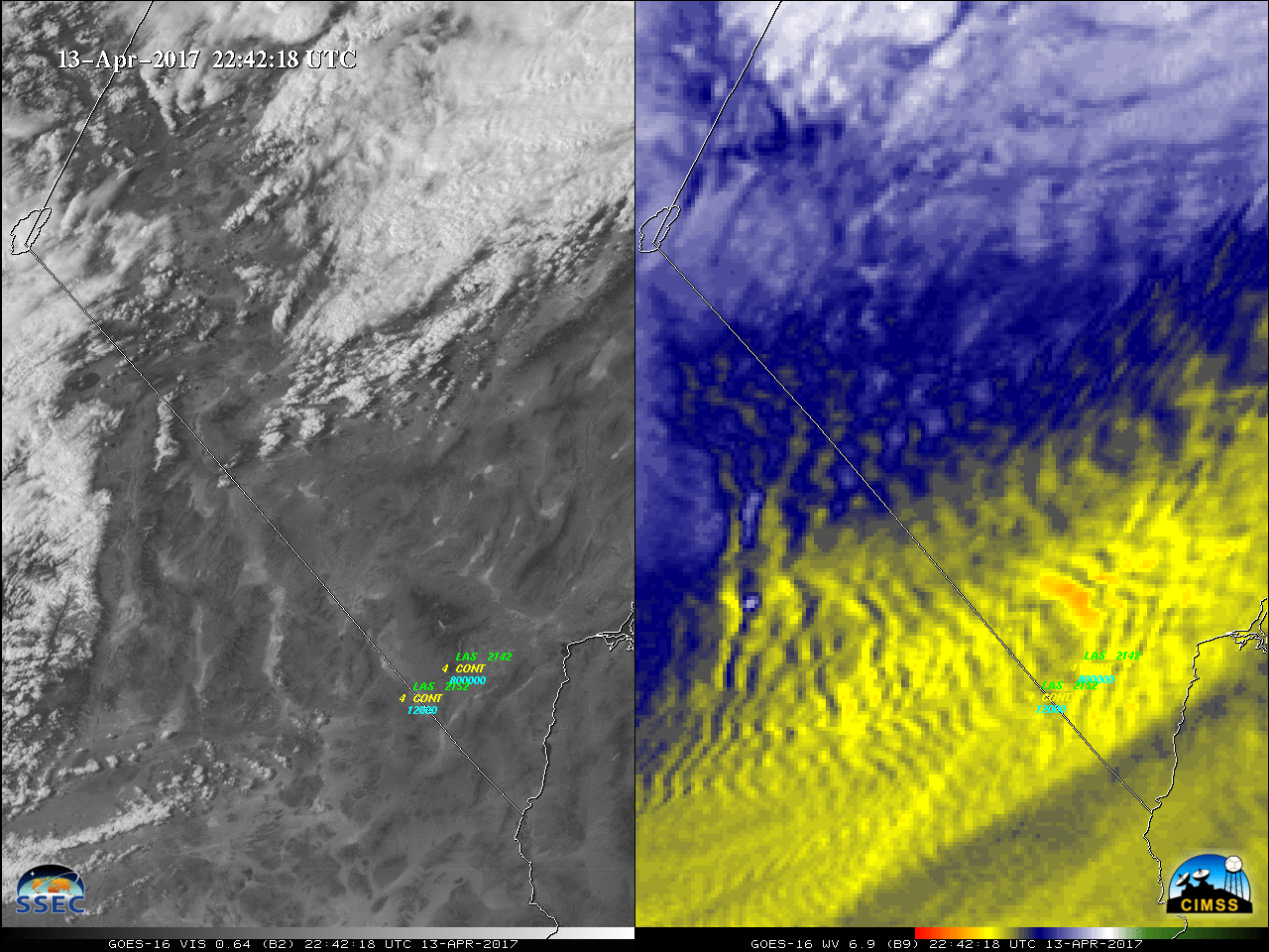 GOES-16 Visible (0.64 µm, left) and Water Vapor (6.9 µm, right) images, with pilot reports of turbulence [click to play animation]