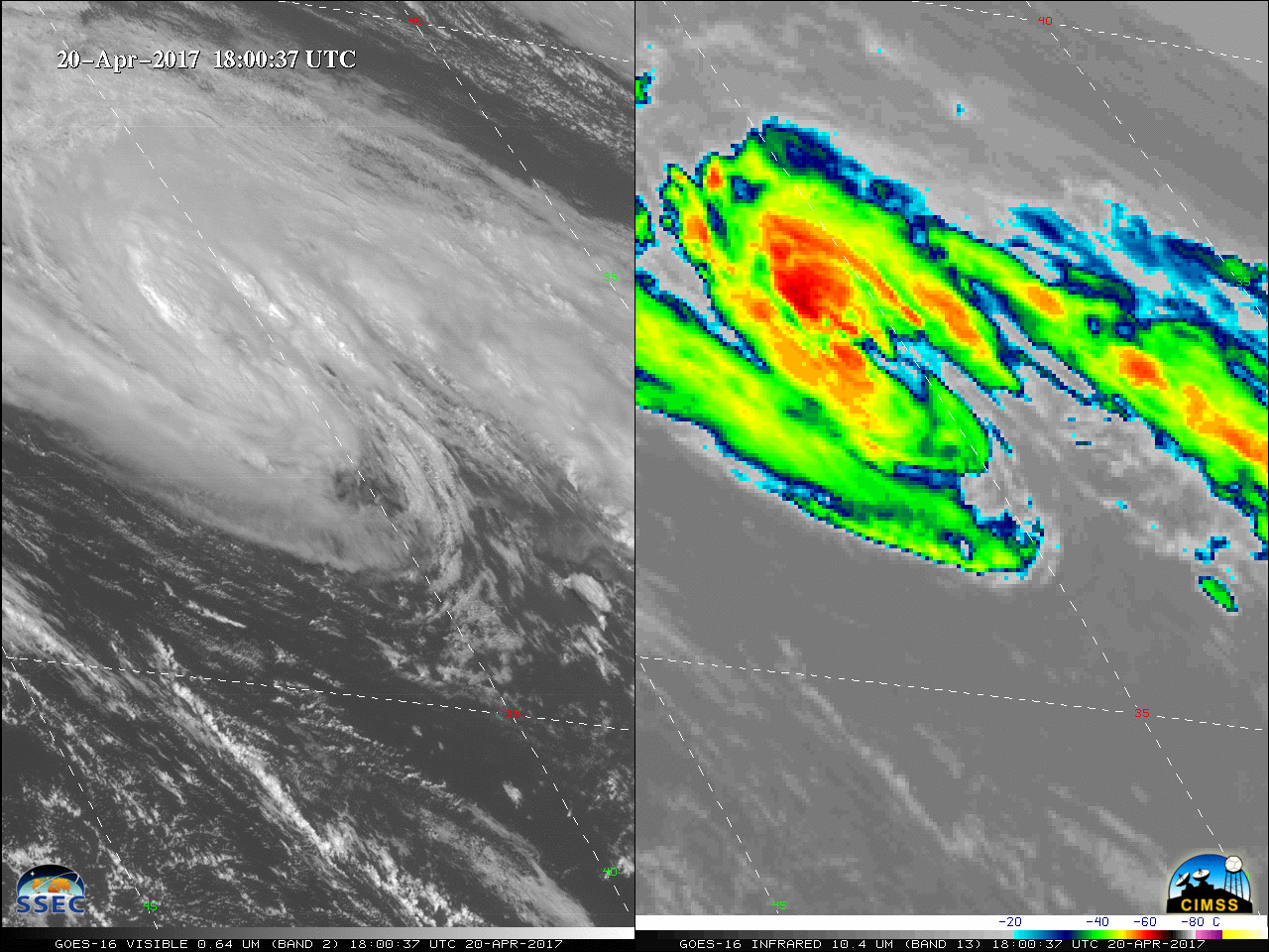 GOES-16 Visible (0.64 um, left) and Infrared Window (10.3 um, right) images [click to play animation]