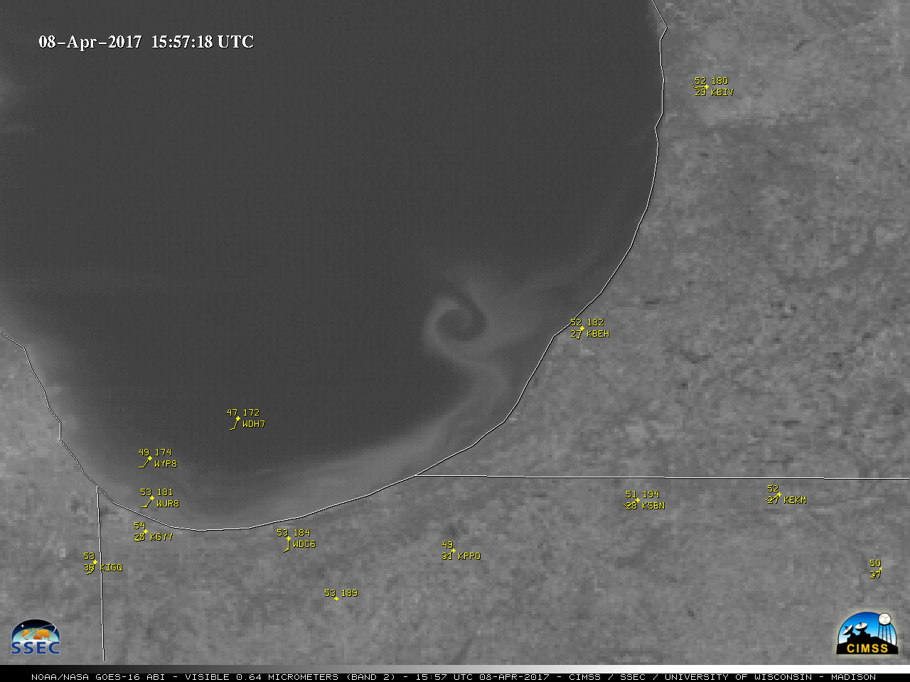 GOES-16 Visible (0.64 µm) images, with hourly surface and ship reports plotted in yellow [click to play animation]