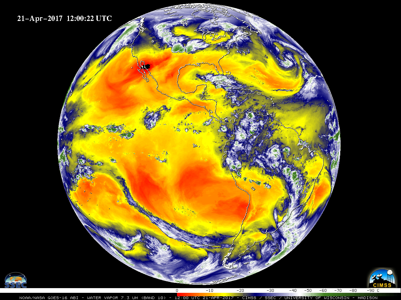 GOES-16 Lower-Level Water Vapor (7.3 µm) images [click to play animation]